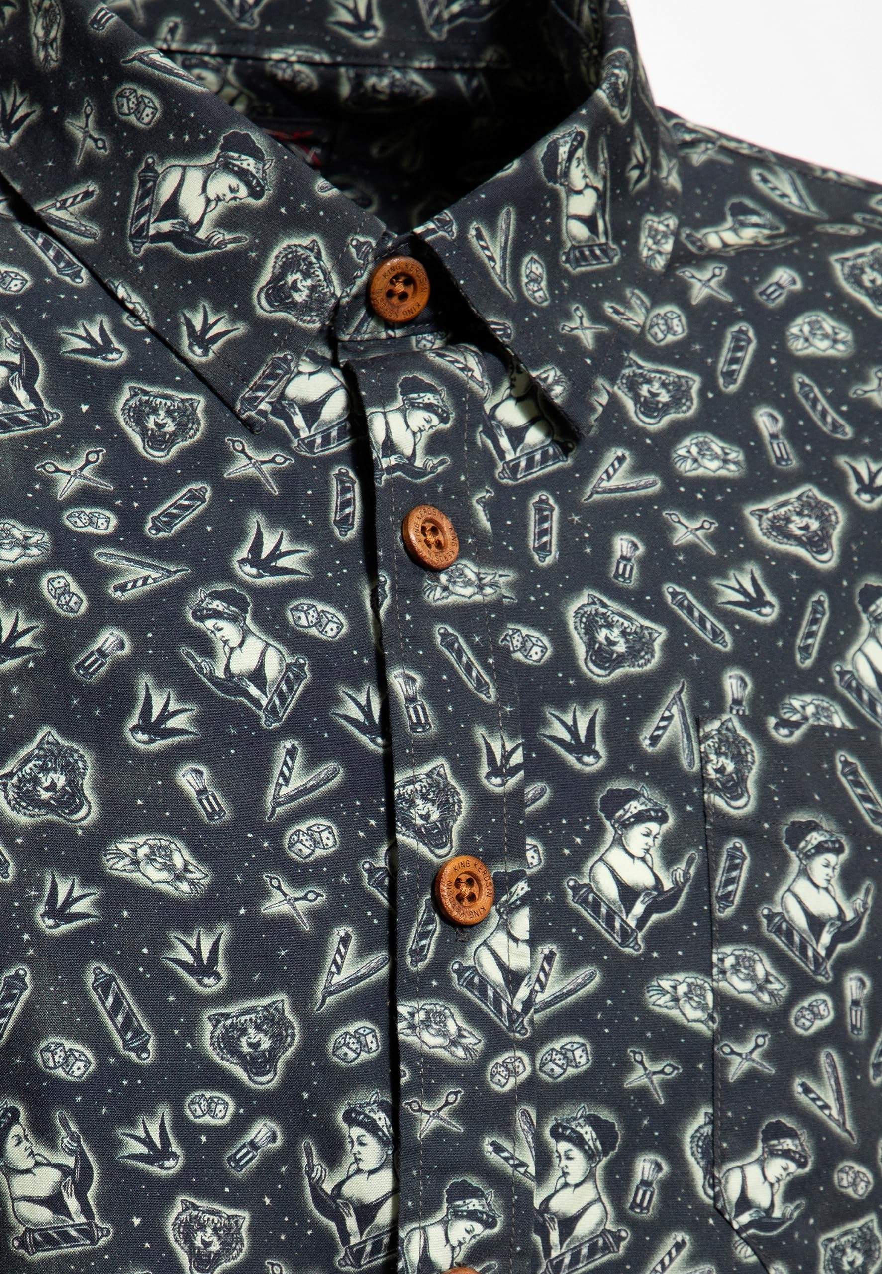 King Kerosin Camisa de manga larga para hombre con estampado integral, moda de playa, camisa de verano, retro