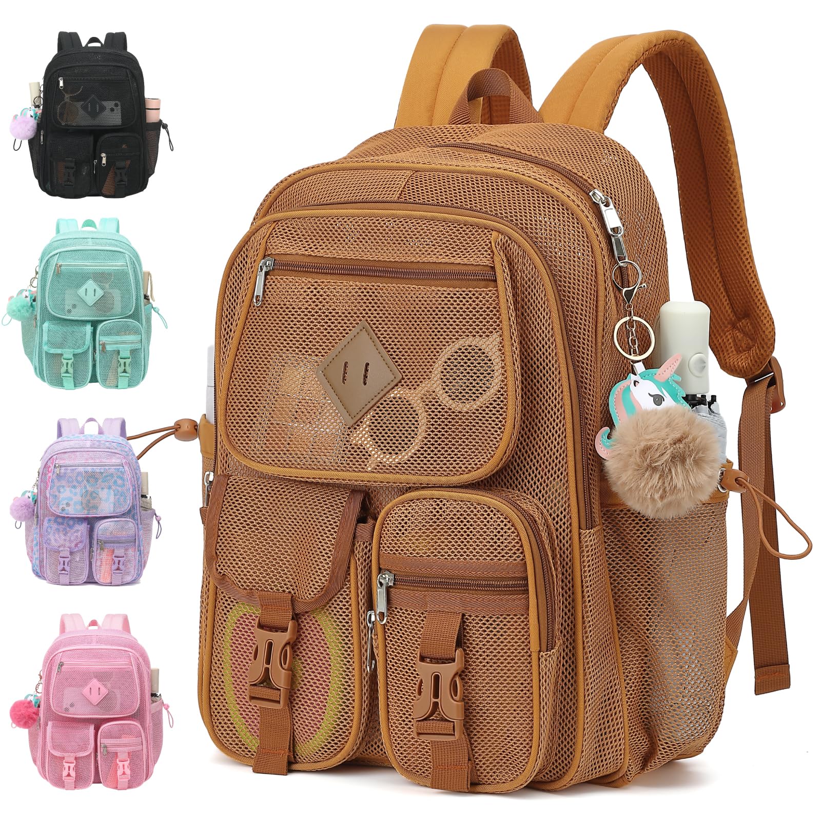 Mesh Backpack for Girls Boys, Heavy Duty Semi-Transparent Mesh Bookbag Womens Mens Mesh Backpacks for School, Sports, Beach, Swimming, Travel Khaki