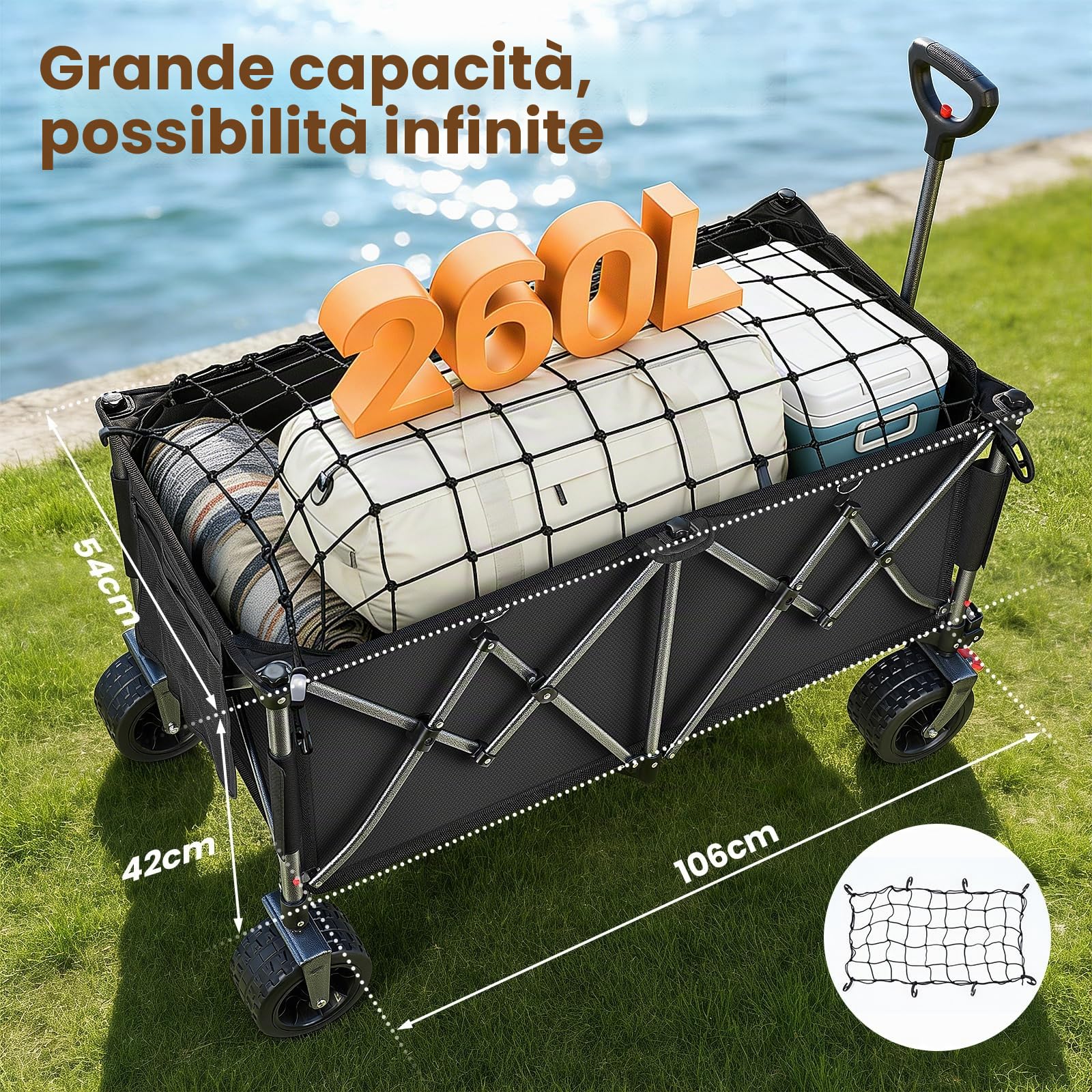 YEAUPE PRO Carrello Spiaggia Pieghevole con Ruote Portatutto, Grande Capacità, Doppi Freni, Doppia Forcella Rinforzata, Ruote Grandi, Manico Regolabile, Rete Elastica Inclusa, 250kg/255L, Nero