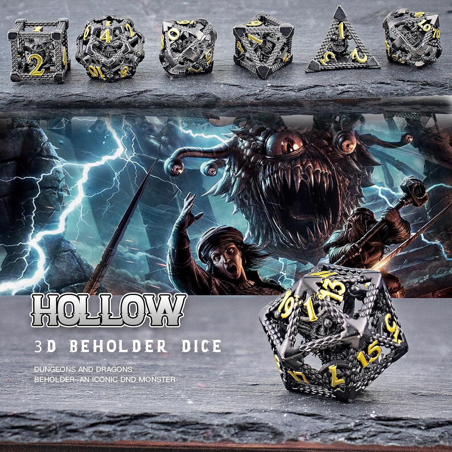 DND Dice,HNCCESG Beholder'S Eye DND Dice Set of 7PC,Dungeons and Dragons Dice for D&D Dice,Eye Monster Metal Dice for RPG Role Playing MTG Tabletop Board Games,Shadowrun Pathfinder(Eye-Black)