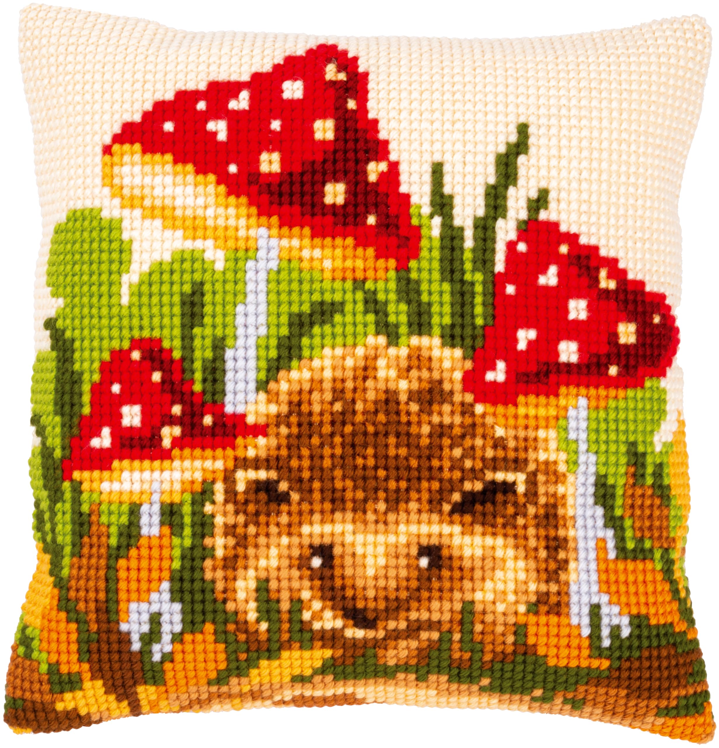 Vervaco stamped cross stitch kit cushion ""Igel mit Pilzen"", 40x40cm, DIY