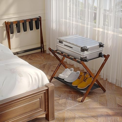 Miniatura 6 de Paquete de 2 portaequipajes de bambú para habitación de invitados, soporte plegable de 26.77 pulgadas para maletas ancho con estante de