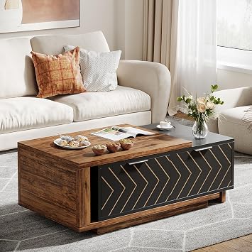 Tribesigns Extendable Coffee Table, 42"-65" Length Adjustable Reversible Wood Coffee Table with 2 Storage Drawers for Living Room, Large Long Rectangular Dual-Tone Center Table Brown & Black