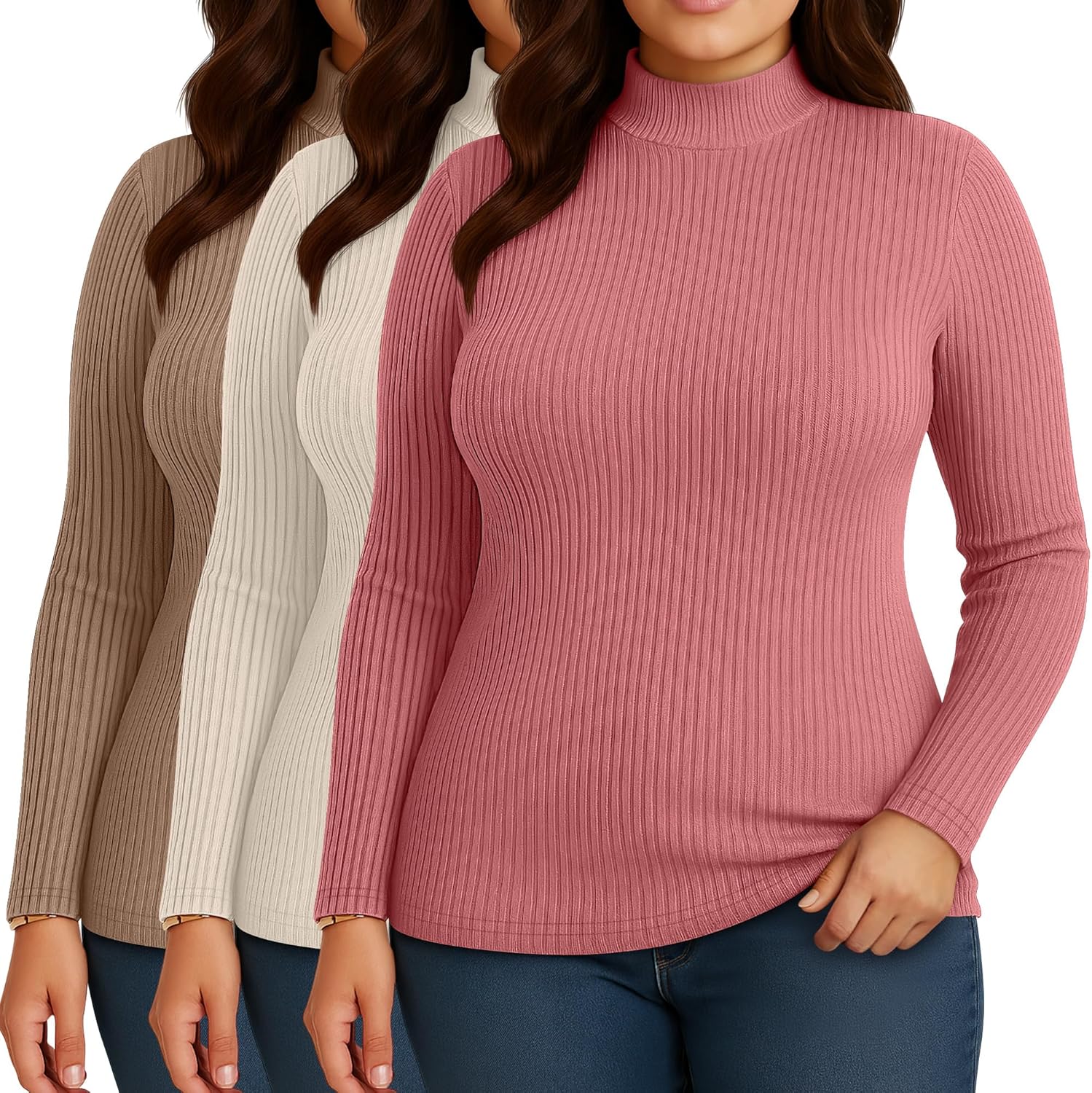 Riyiper 3 Pack Women's Ribbed Plus Size Mock Turtleneck Tops, Long Sleeve Slim Fit T-Shirts Pullover Sweater Basic Layer Top