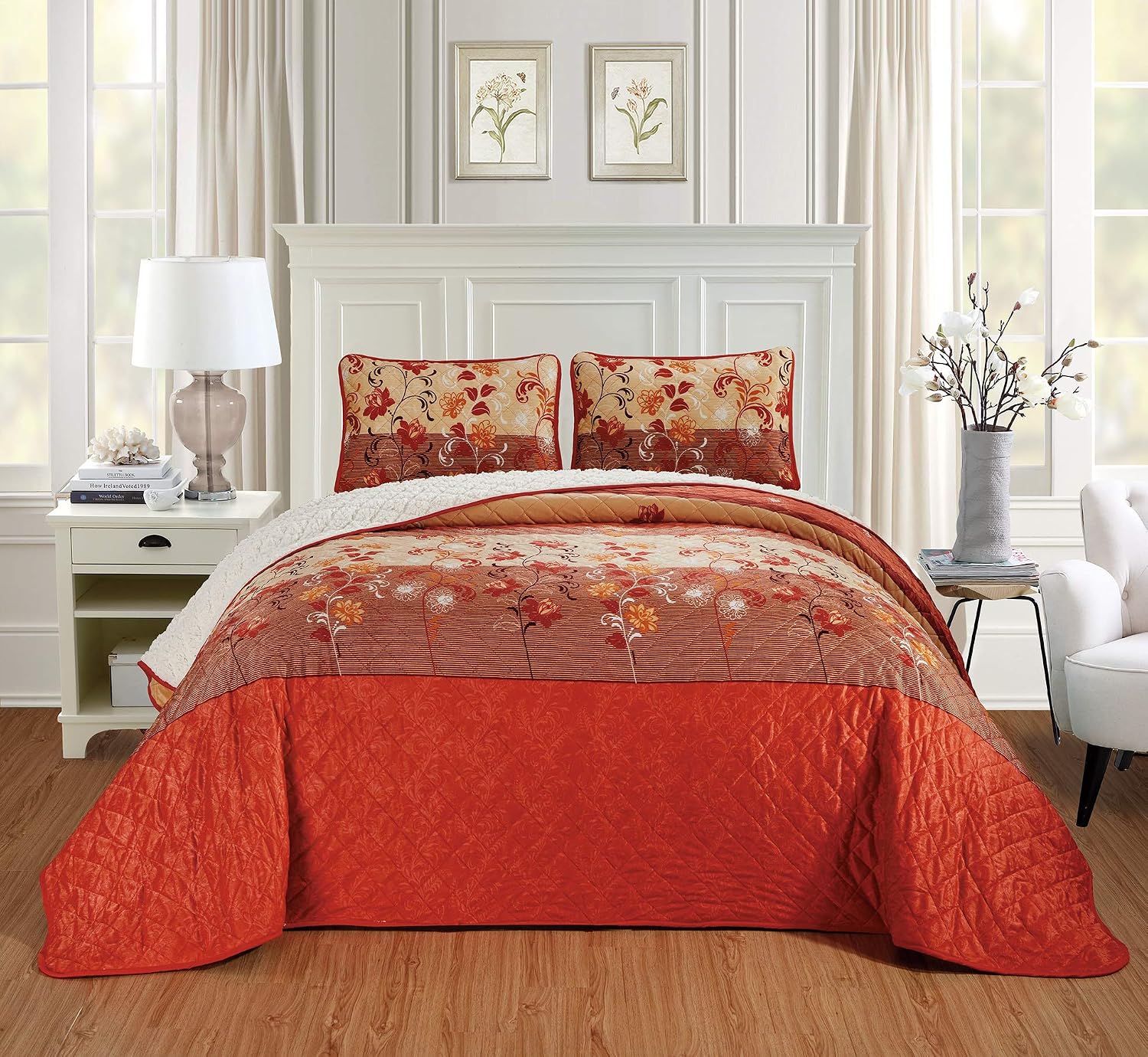Chezmoi Collection 3-Piece Velvet Sherpa Quilt Set - Lightweight Warm Cozy Fluffy Plush Reversible Bed Blanket Comforter - Queen, Floral Orange