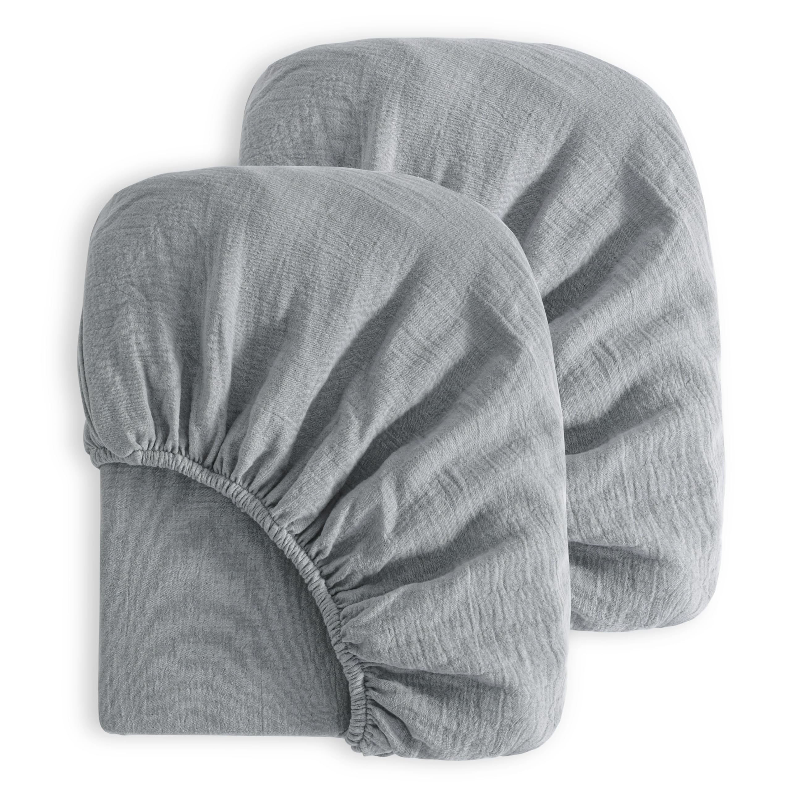 NTBAY Mini Crib Muslin Fitted Sheets, 2 Pack, 24 x 38, Grey | Double-layer Muslin Cotton Sheets with Full Elastic for Compatible 24 x 38 Inch Mini Crib Mattresses, 2 Fitted Sheets