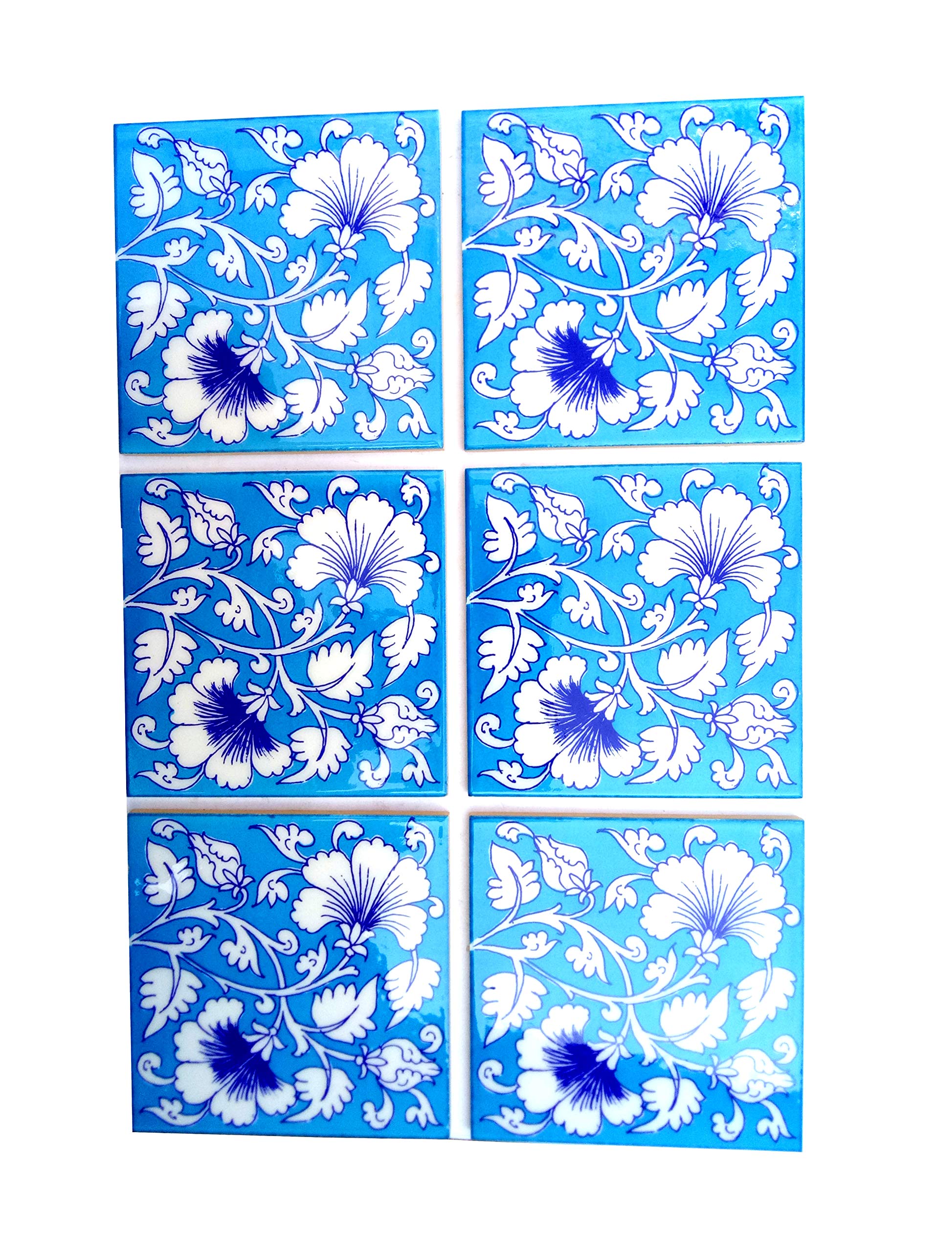 Shiv Kripa Blue Pottery Home Decor Tile Ceramic High Lighter Wall Bathroom Tiles 6 x 6 Inch Set of 6 Tiles (Sky Blue & Multi)-image-18