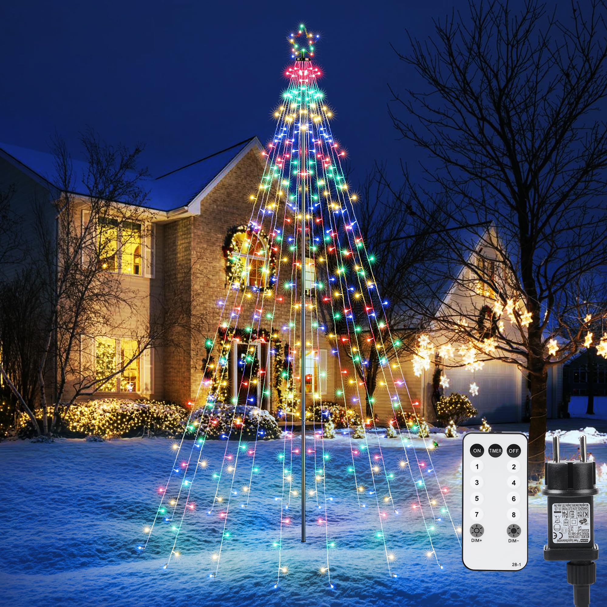 Joomer 568 LED Luci Albero di Natale con Anello e Stelle, 3.3M x 16 Luci Natale Esterno, 8 Modalità Multicolore Catena Luminosa Esterno Natalizia Decorazioni Telecomando e Timer per Prato Feste