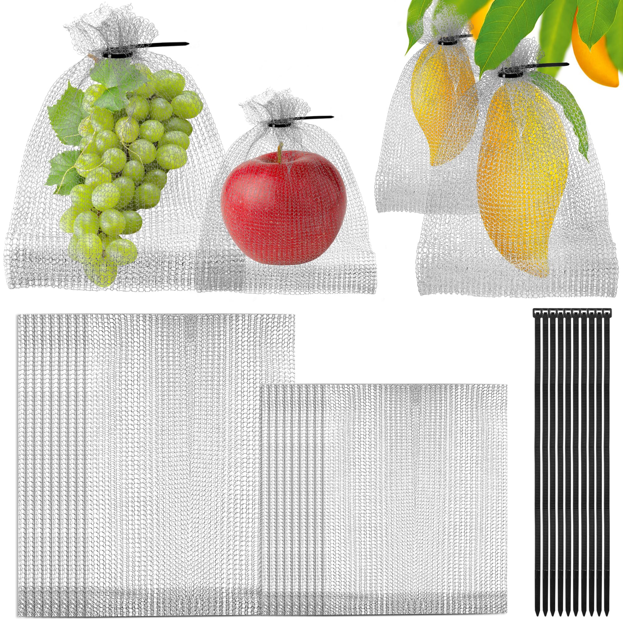 moonoom 20 bolsas de protección de frutas de acero inoxidable, 2 tamaños de bolsa de protección de frutas con cierre de cremallera, bolsas de alambre reutilizables para proteger frutas, bayas, raíces
