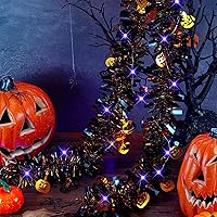Vista 2 de Ceenna Decoraciones de Halloween de 16.4 pies, guirnalda de oropel de Halloween con 50 luces LED moradas colgantes de oropel con purpurina