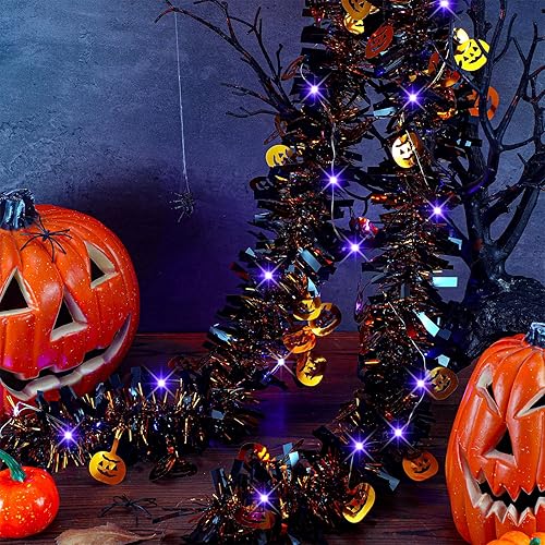 Miniatura 2 de Ceenna Decoraciones de Halloween de 16.4 pies, guirnalda de oropel de Halloween con 50 luces LED moradas colgantes de oropel con purpurina