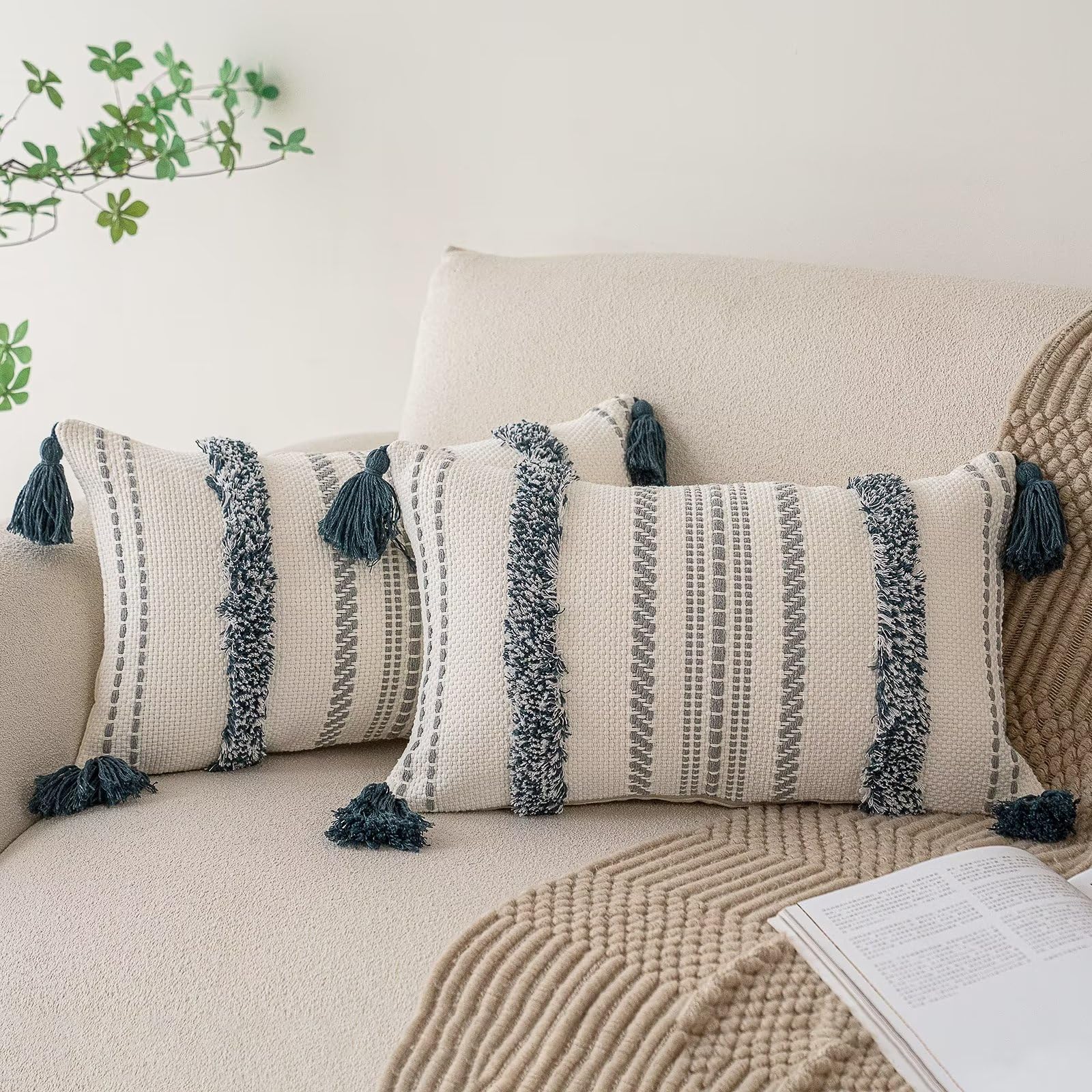 BUIOVBEY Boho Throw Pillow Covers 12x20 Set of 2 Woven Tufted Farmhouse Pillows Cover with Tassels Textured Striped Cushion Case Lumbar Pillow Cases Decorative Pillowcase for Sofa, Bed, Dark Blue