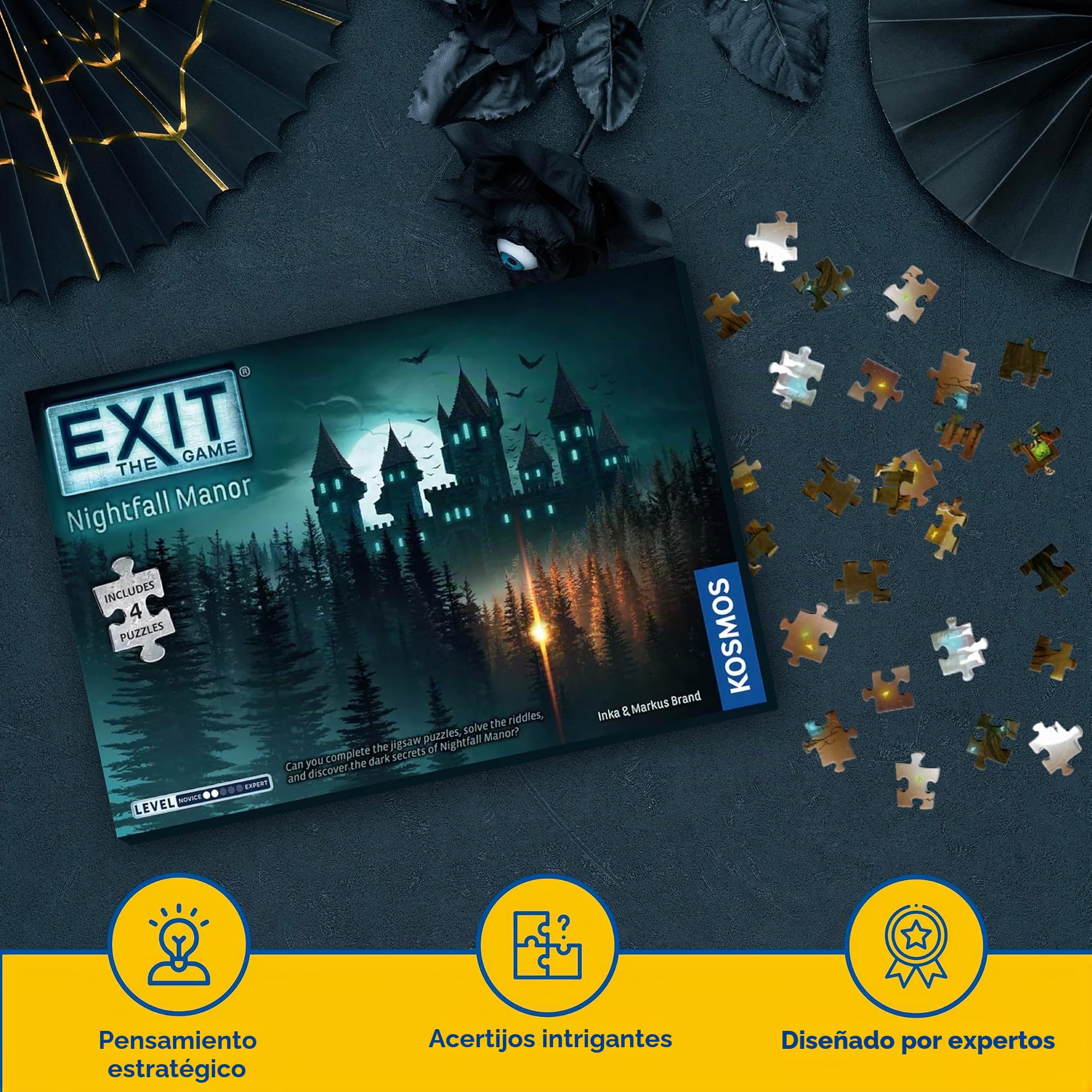 Thames & Kosmos Exit: Nightfall Manor, Juego de Sala de Escape con 4 Rompecabezas, Juegos Familiares para Noche de Juegos, Juegos de Mesa para Adultos y niños, para 1 a 4 Jugadores, a Partir de 10