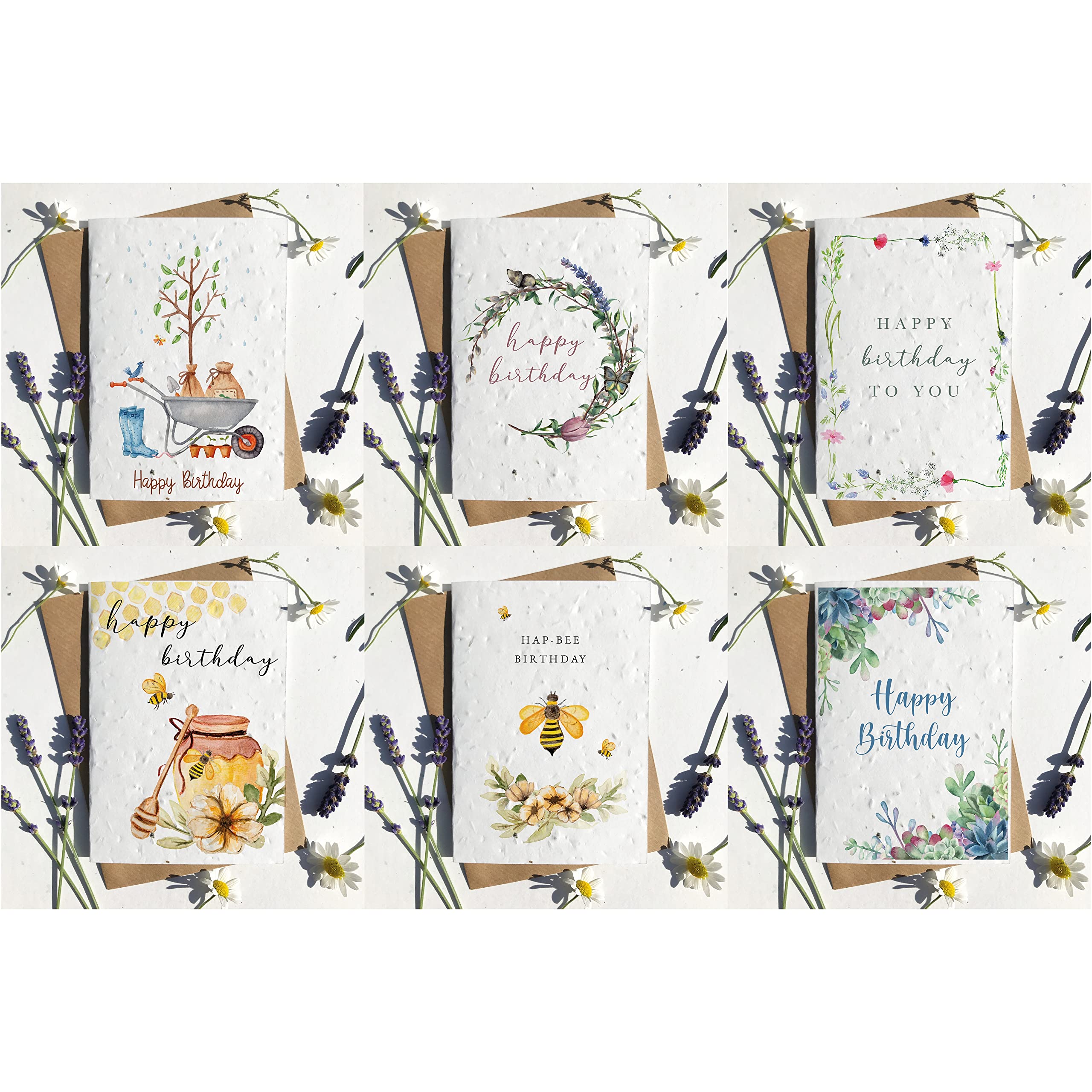 Eco-friendly biodegradable seed paper plantable birthday card WATERCOLOUR BEE BIRTHDAY HAP-BEE (Pack of 6 multi design)