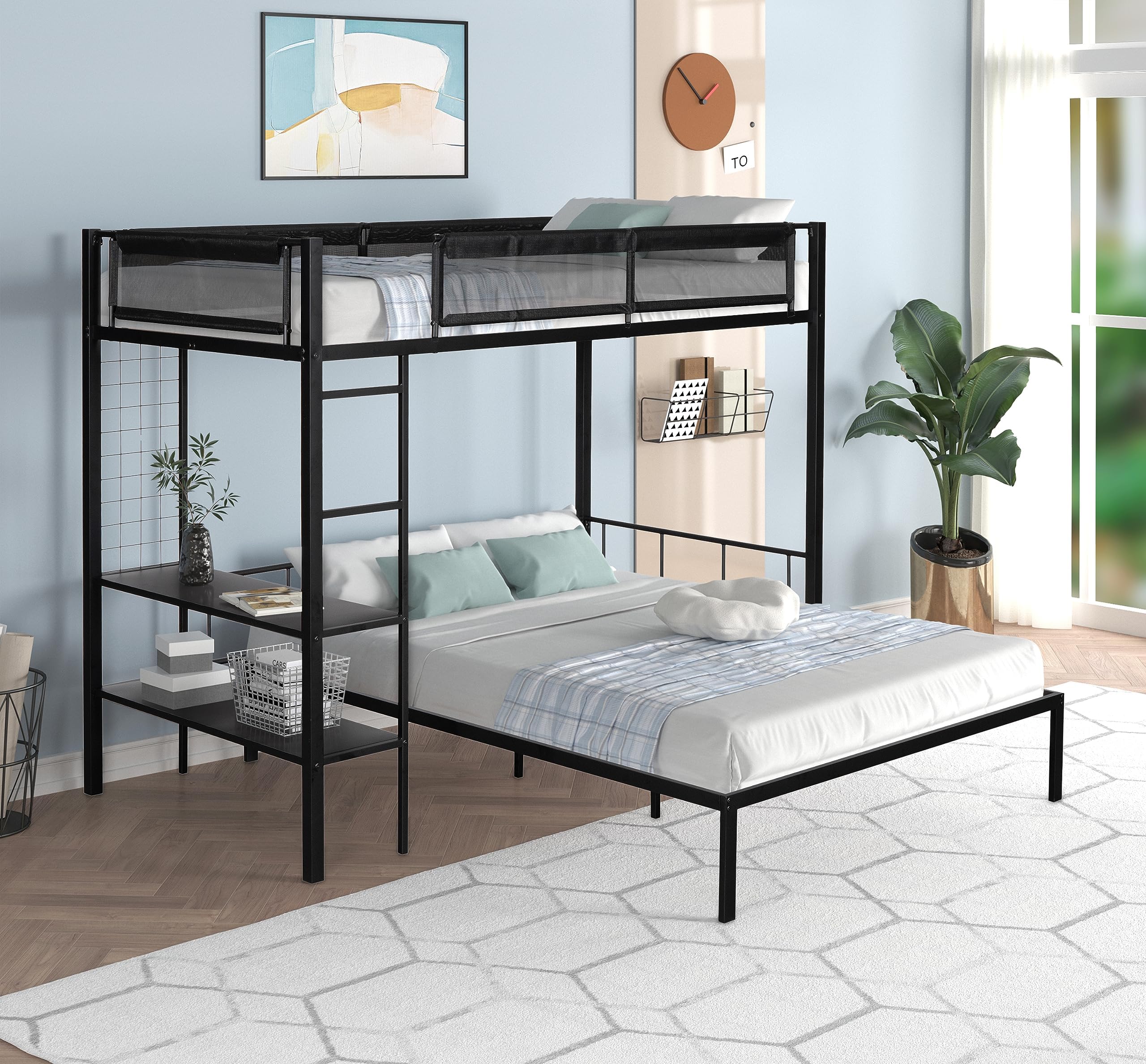 Twin Over Full Bunk Bed with Shelves & Grid Panel,Separated Full Size Bed Frame w/Noise-Free Wood Slats & Textilene Guardrail for Kids,Teens,Adults,Space-Saving,Black