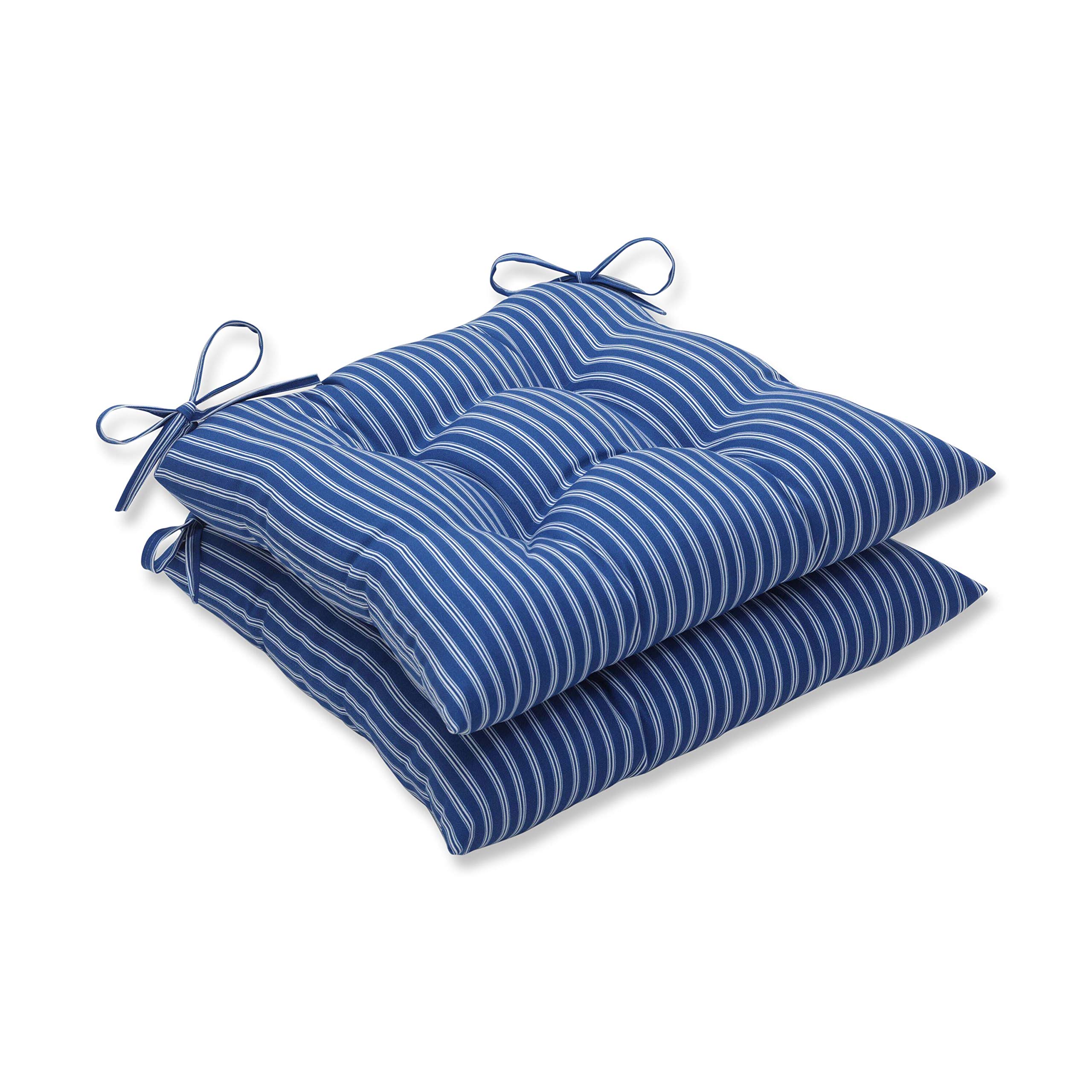 Pillow Perfect Stripe Indoor/Outdoor Chair Seat Cushion with Ties, Tufted, Weather, and Fade Resistant, 18.5" x 19", Blue/White Resprt Stripe, 2 Count