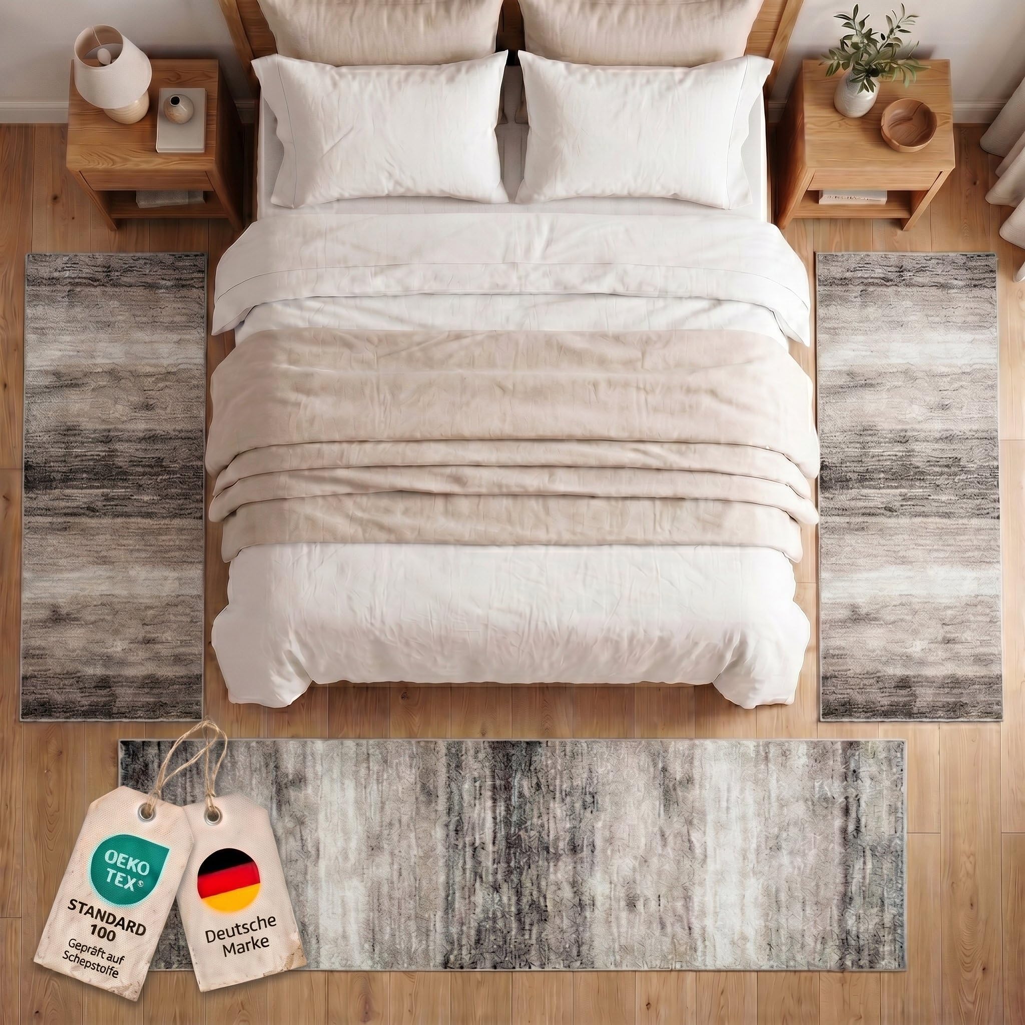 oKu-Tex Bettumrandung Set 3-teilig [67x340 cm | 2 mal 67x140 cm] Beiger Bettvorleger, meliert - weicher Kurzflor pflegeleicht - Bettvorleger Schlafzimmer - Modernes meliertes Design - Deutsche Marke
