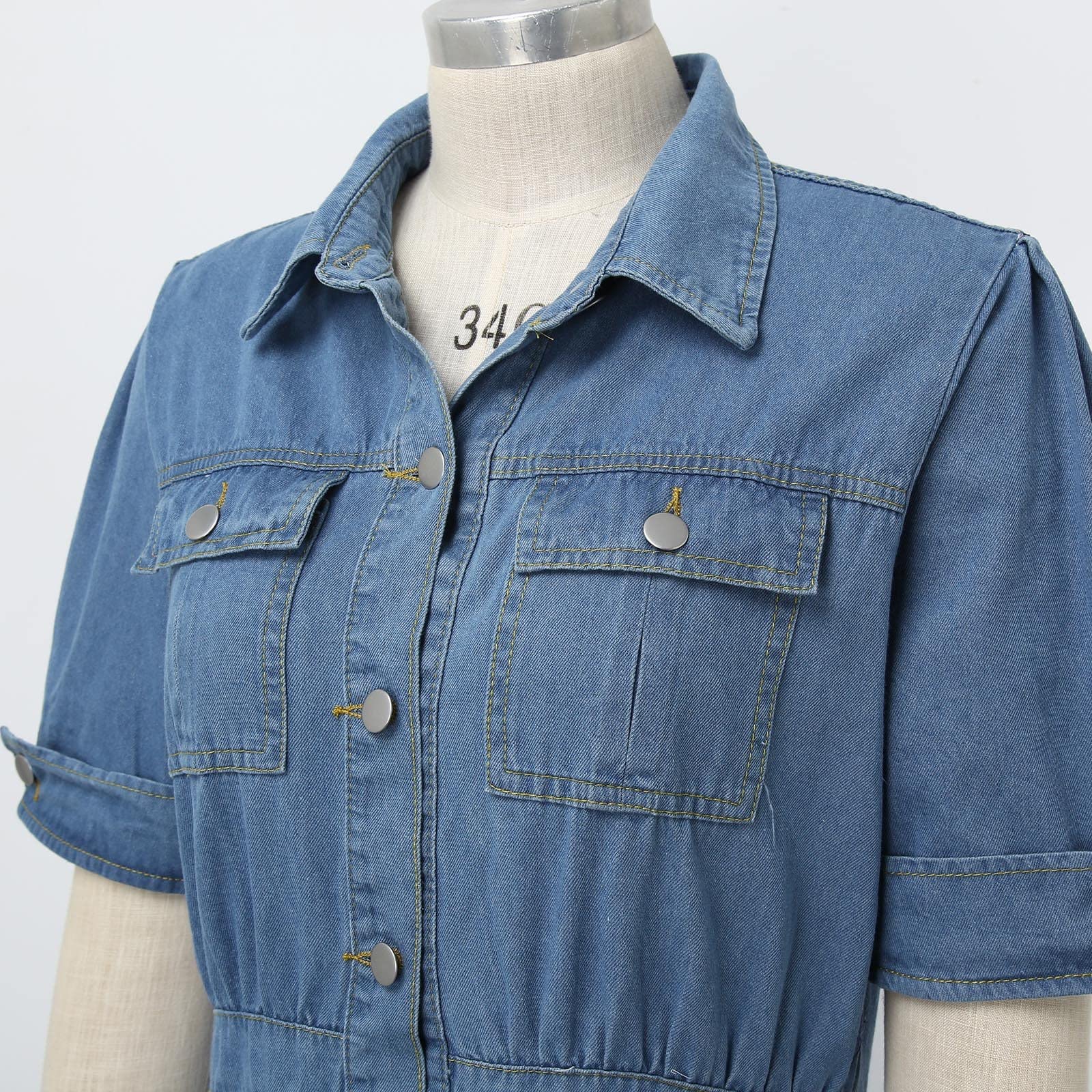 Abito in jeans da donna, lunghezza al ginocchio, a maniche corte, con bottoni, jeans, abito estivo, elegante, scollo a V, casual, da donna, elegante, in denim, con tasche