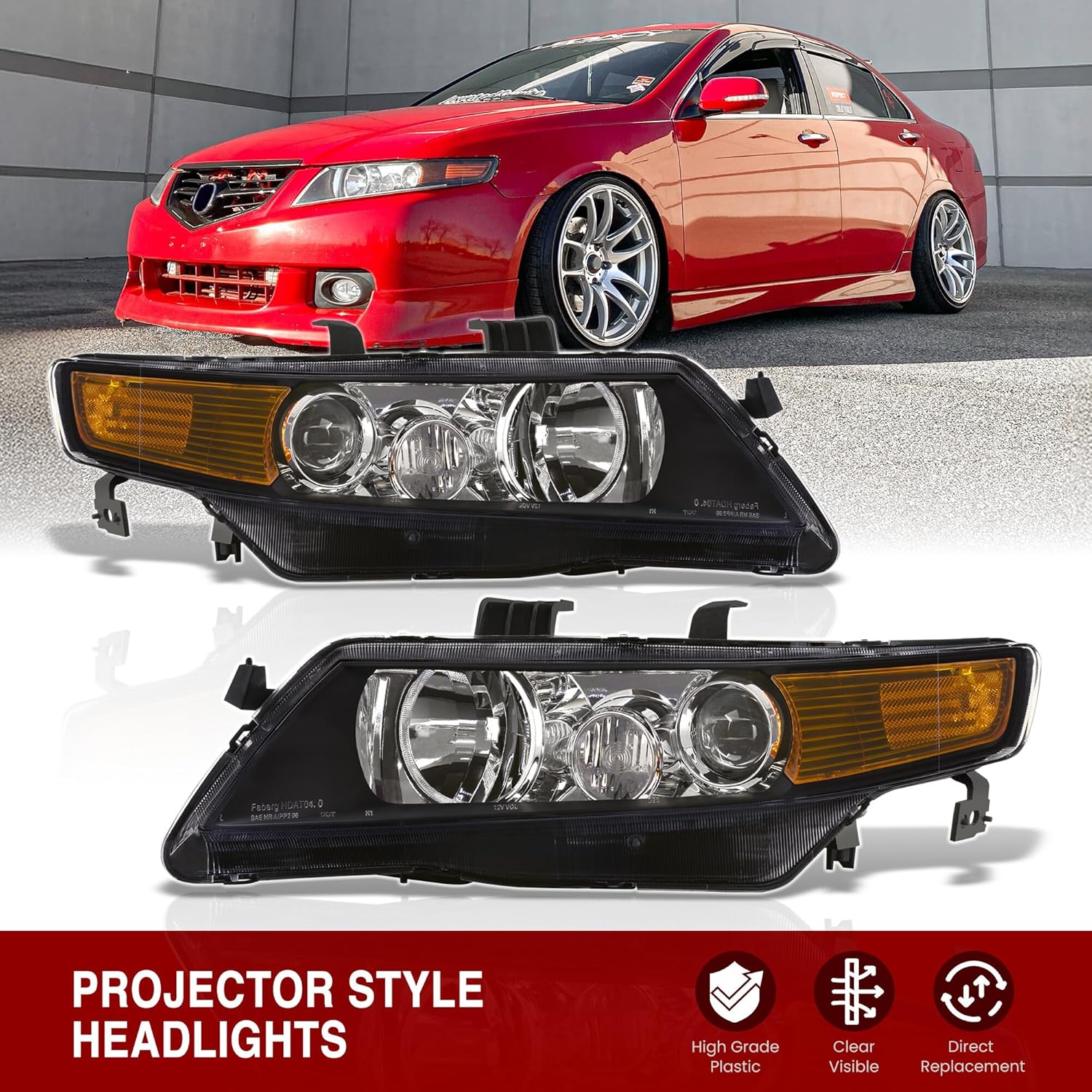 AJP Distributors Black Housing Clear Lens Amber Signal Factory Style Headlights Driving Lights Lamps LH RH Assembly Set Compatible/Replacement For Acura TSX CL9 2004 2005 2006 2007 2008 04 05 06 07 08