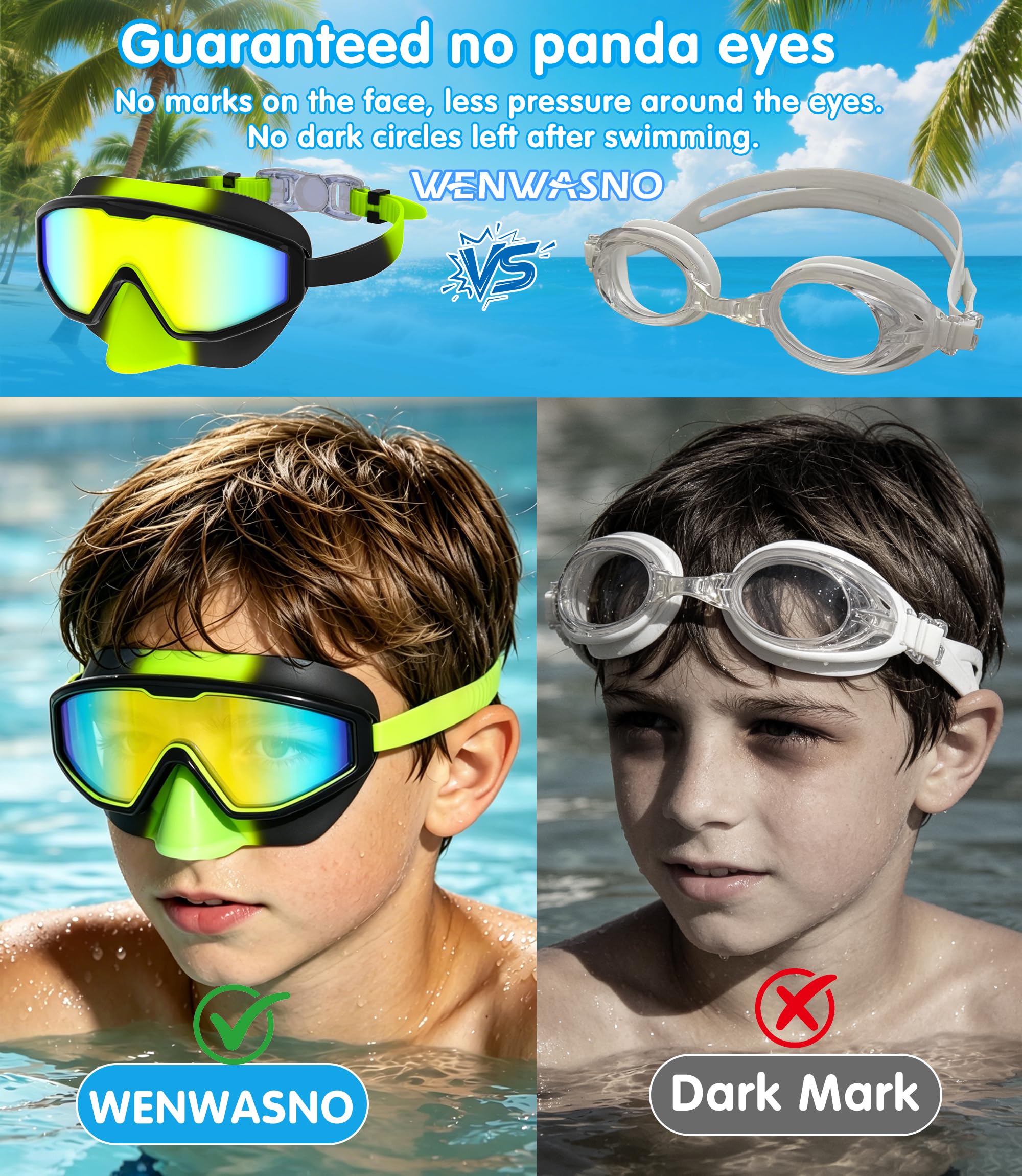 Occhialini da Nuoto per Bambini 2 Pezzi con Protezione Naso, Vista Larga Maschera Immersione Anti-Nebbia Anti-Nebbia UV Senza Perdita Piscina