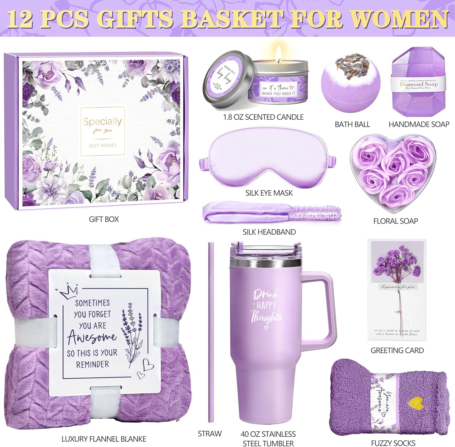 Birthday Gifts for Women Self Care Get Well Soon Gifts, Lavender Relaxing Spa Gift Basket - Care Package w/ Luxury Flannel Blanket & 40 oz Tumbler, Mother's Day Christmas Gift for Mom Her Wife Sister - Image 2