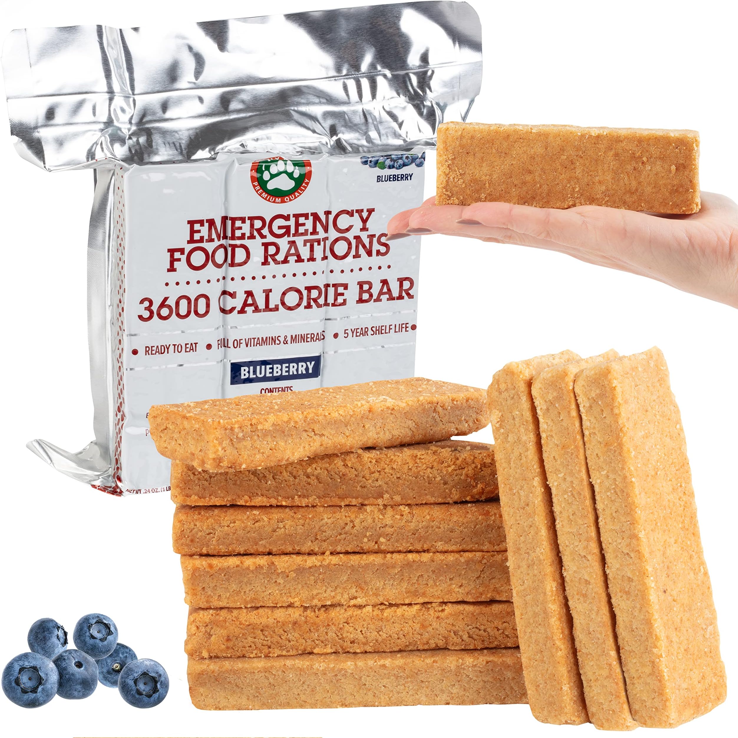 Grizzly Gear Emergency Food Rations- 3600 Calorie Blueberry Bar - 3 Day, 72 Hour Supply For Disaster, Hurricane, Flood Preparedness - Less Sugar, More Nutrients Than Leading Brands - 5 Year Shelf Life