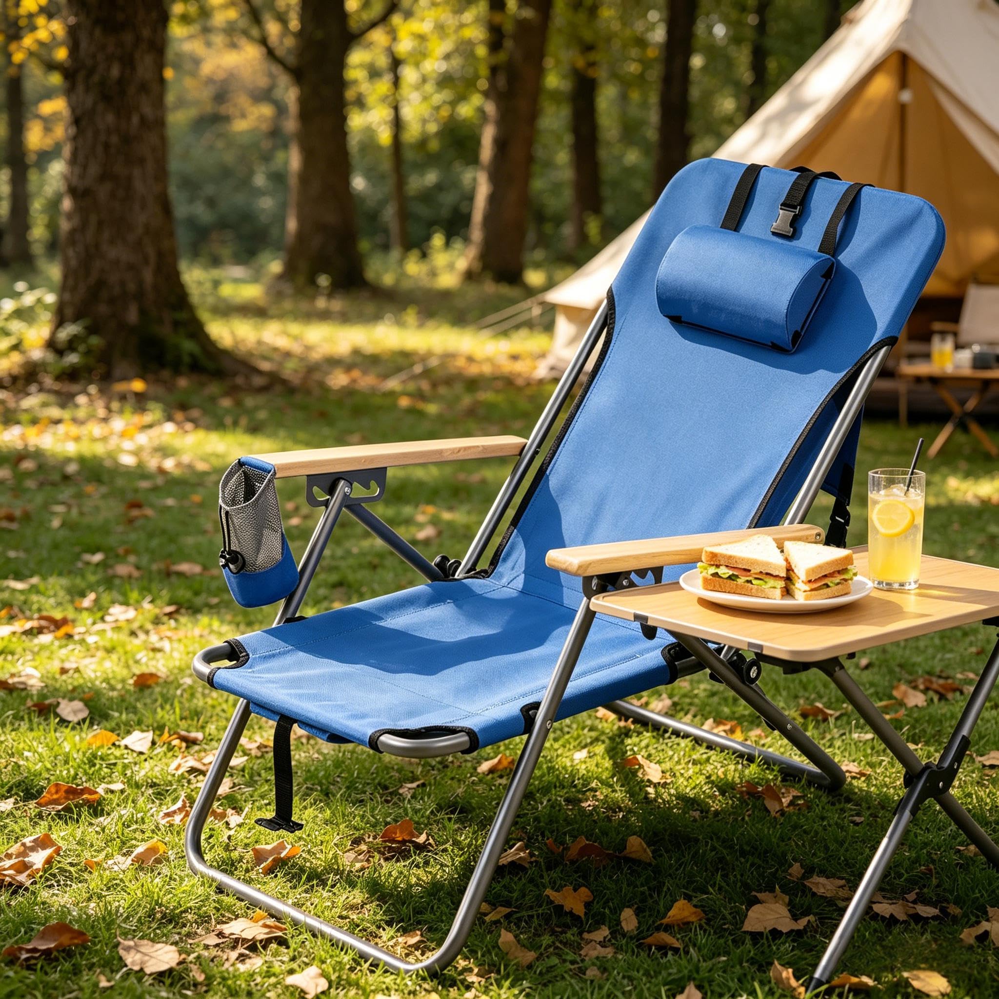 vutizal Klappbarer Campingstuhl mit 4-Fach Verstellbarer Rückenlehne, Leichter Liegestuhl für Strand & Garten, Picknickstuhl als Rucksack faltbar, bis 150 kg, blau