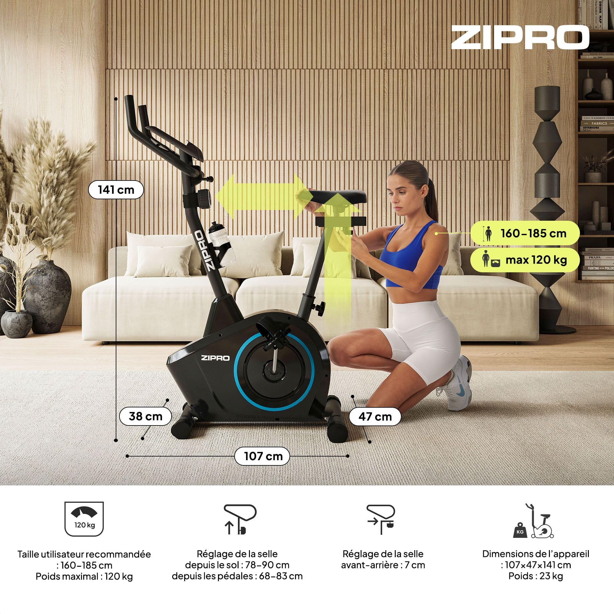 Zipro Vélo d'appartement Boost, Ergomètre Fitness, Vélo d'appartement magnétique, Ergomètre jusqu'à 120 kg, Vélo d'intérieur, Vélo d'entraînement à domicile, Ergomètre à piles