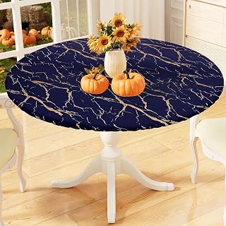 misaya Round Fitted Tablecloth with Elastic Edge, Waterproof Oil Proof Plastic Table Cover, Vinyl Flannel Backed Tablecloth Fits 45"-56" Round Tables for Dinner, Outdoor, Picnic, Navy Gold Marble