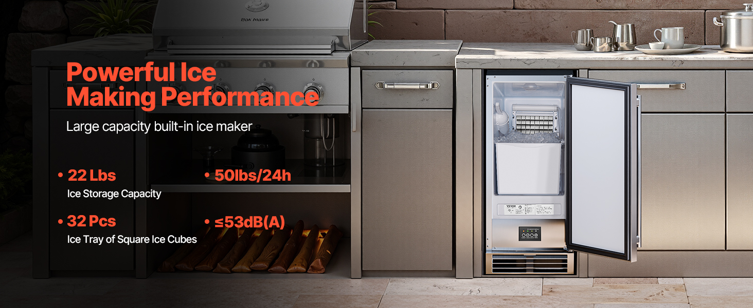 Image of VEVOR Under Counter Ice Maker Machine, 50 Lbs /Day Built in Undercounter Ice Maker with Reversible Door, Stainless Steel, Freestanding Ice Make for Restaurant, Outdoor Kitchen, Terrace, Pool