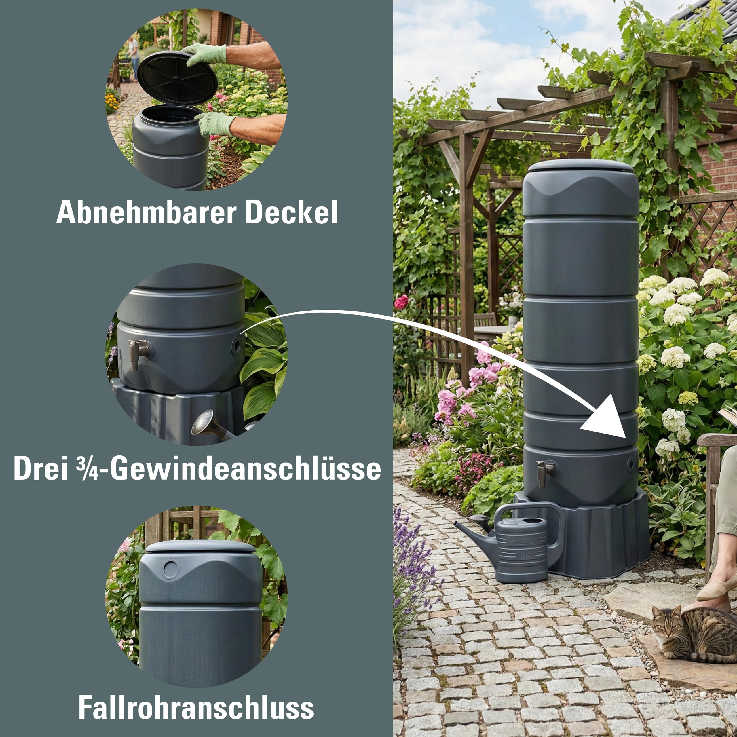 Prosperplast Regentonne Vuelta Set 110L anthrazit 39,6 x 39,6 x 130,5 cm inkl. Sockel & Kunststoffhahn – Regentank aus Kunststoff für Balkon & Terrasse, platzsparend, wetterfest