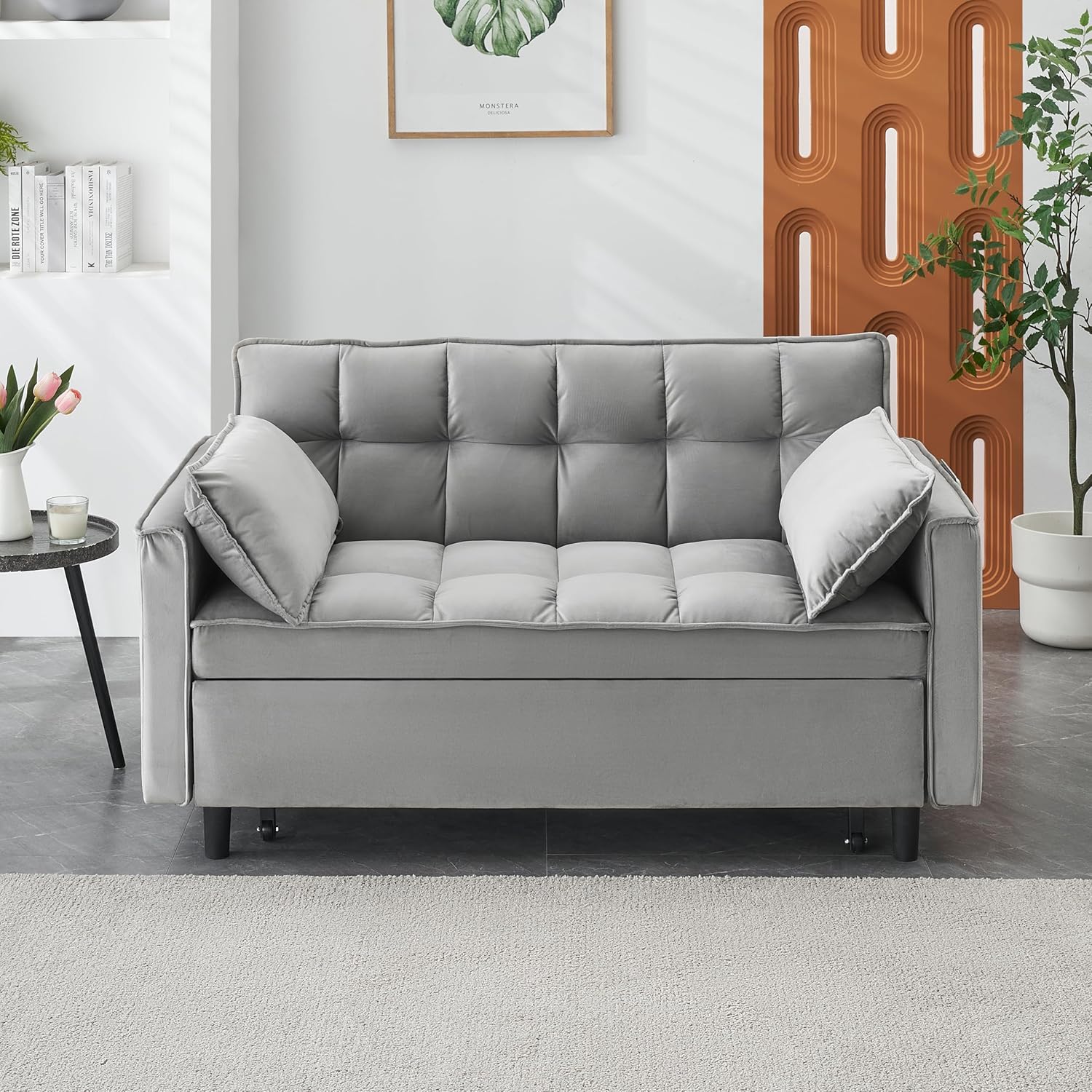 Ball & Cast Velvet Futon Sofa Couch with Pull-Out Bed,3 in 1 Convertible Sleeper Sofa Bed,Convertible Pull Out Couches W/2 Pillows,Adjustable Backrest & Side Pocket,for Living Room,Apartment,Gray,55"