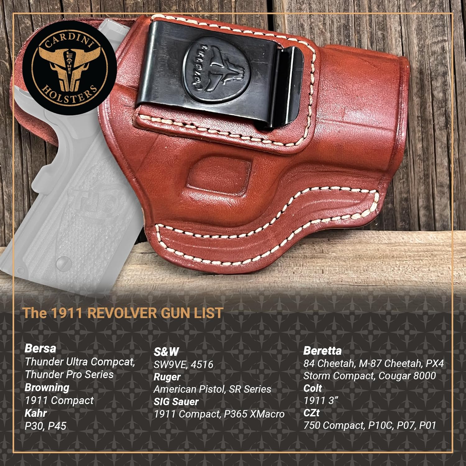 Cardini Leather Premium IWB Leather Holster | Fits P365 XL Holster, P365 XMACRO, 1911 3", CZ 75 Compact, CZ P10 C, 1911 3", Ultra Carry, EVO SP, Ultra Tactical 2