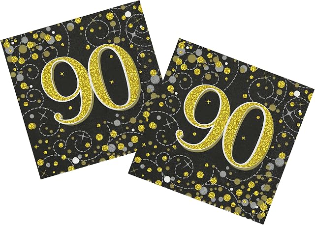 Party Angels 2 Packs (32 Napkins) of 90th Birthday Black Gold Unisex Holographic Sparkling Fizz Design Napkins Serviettes Tissue, 33cm x 33cm 3-ply Age 90 Male Female Napkins 16pcs in Each Pack