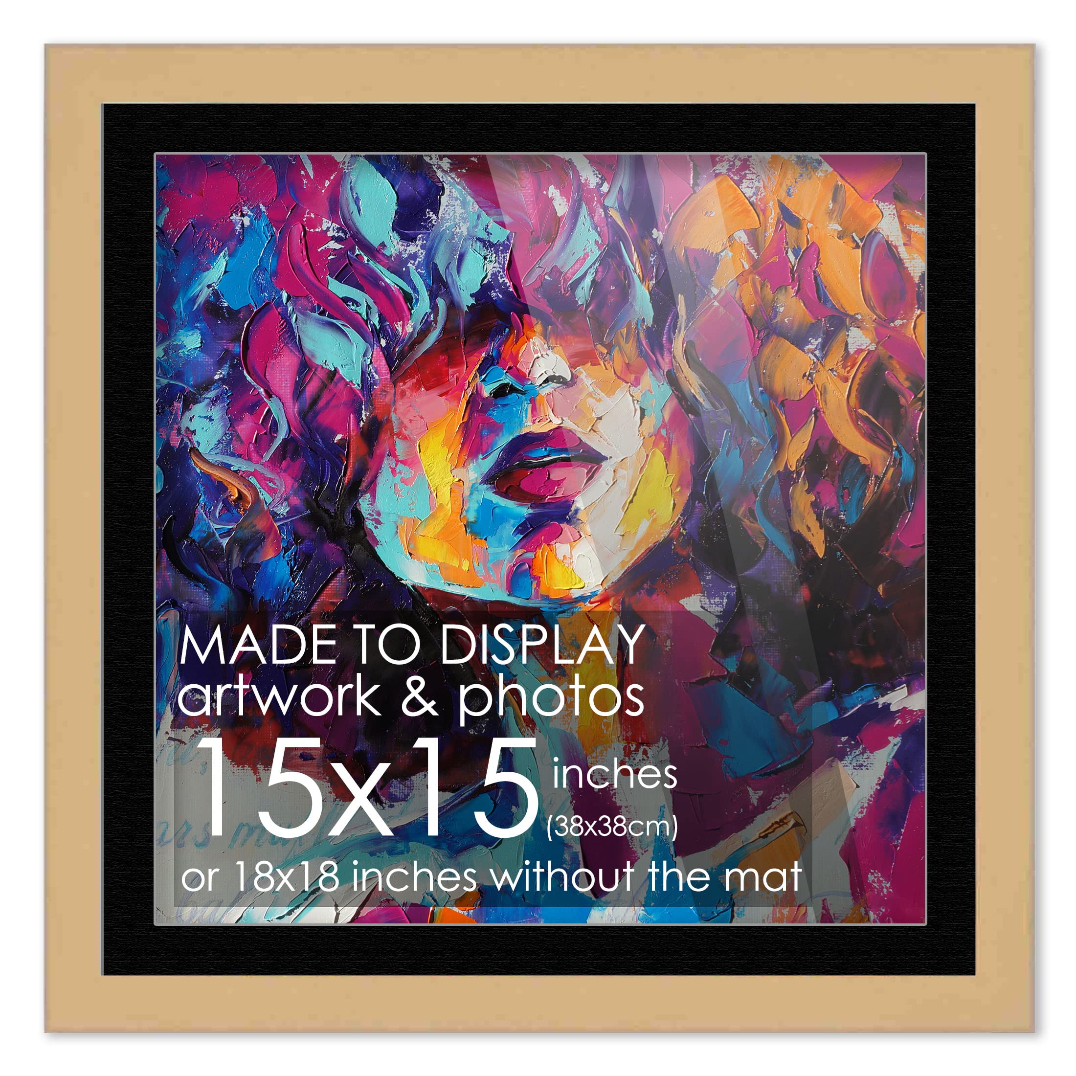 15x15 Frame Natural Wood With Black Mat | 18x18 Frame Matted to 15x15 | Display Your Print Under UV Acrylic Shatter Guard Front, with Foam Board