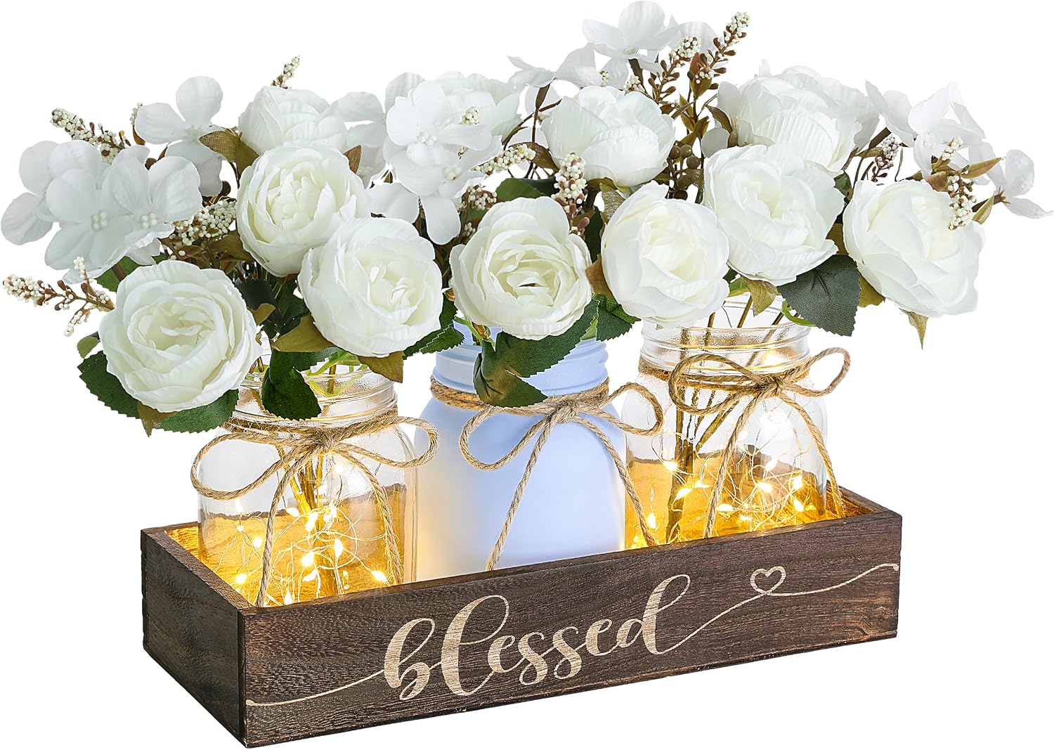 3 Pcs Mason Jar Centerpiece with Wood Tray & LED Light, Farmhouse Table Decor for Dining Room Kitchen Living Bathroom, Blue