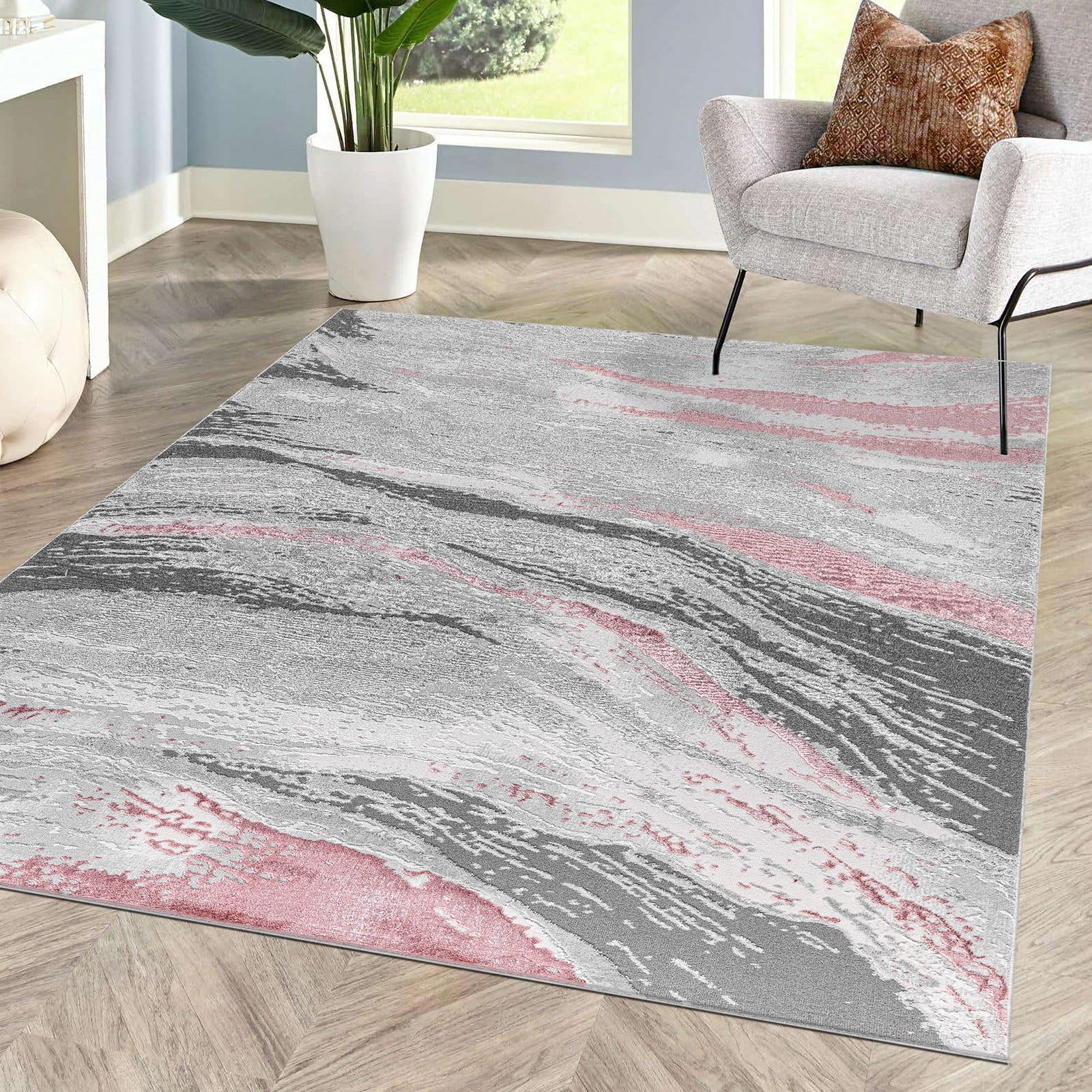 renoazul® Jute Back Area Rugs For Living Room With Medium Pile, Jeze Pink Abstract Rug - 120 x 170 cm - Washable Fireside Rug, Lounge and Dining Room