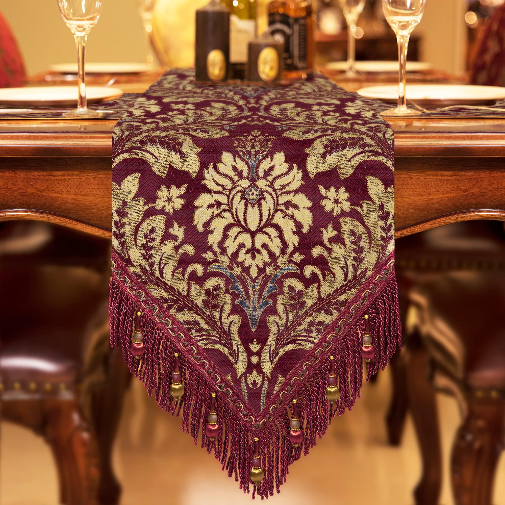 TOPLUXETable Runner with Tassels, Damask Table Runner for Dining Room/Restaurant/Banquet/Festival Decoration (33x180cm, Red)