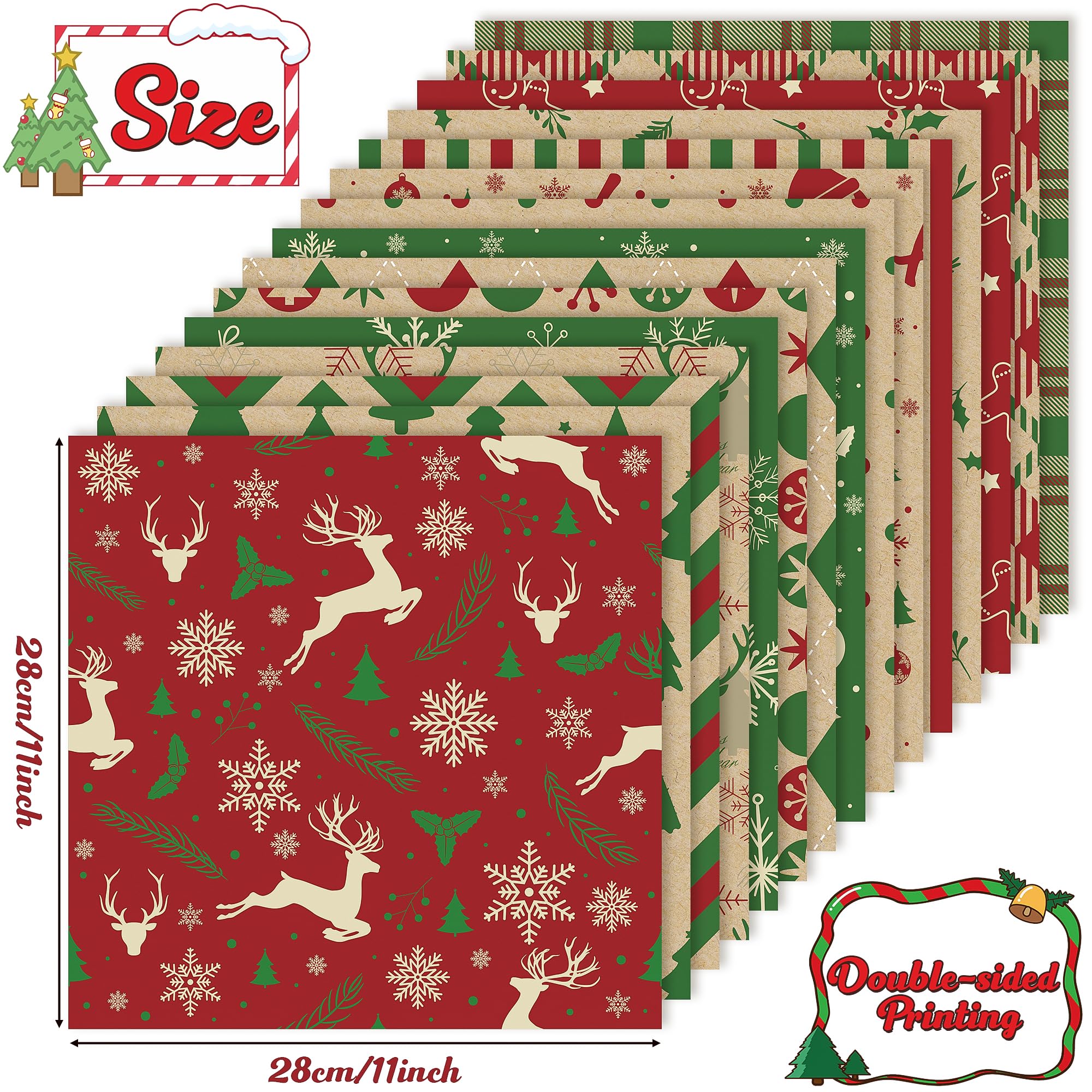JAPBOR 60 Blatt Weihnachtsmusterpapier, Frohe Weihnachten Scrapbook Papiere, doppelseitig, grün rot Xmas Origami Handwerk Wrapping Decoupage-Papier für DIY Herstellung Karte Party Geschenktüten