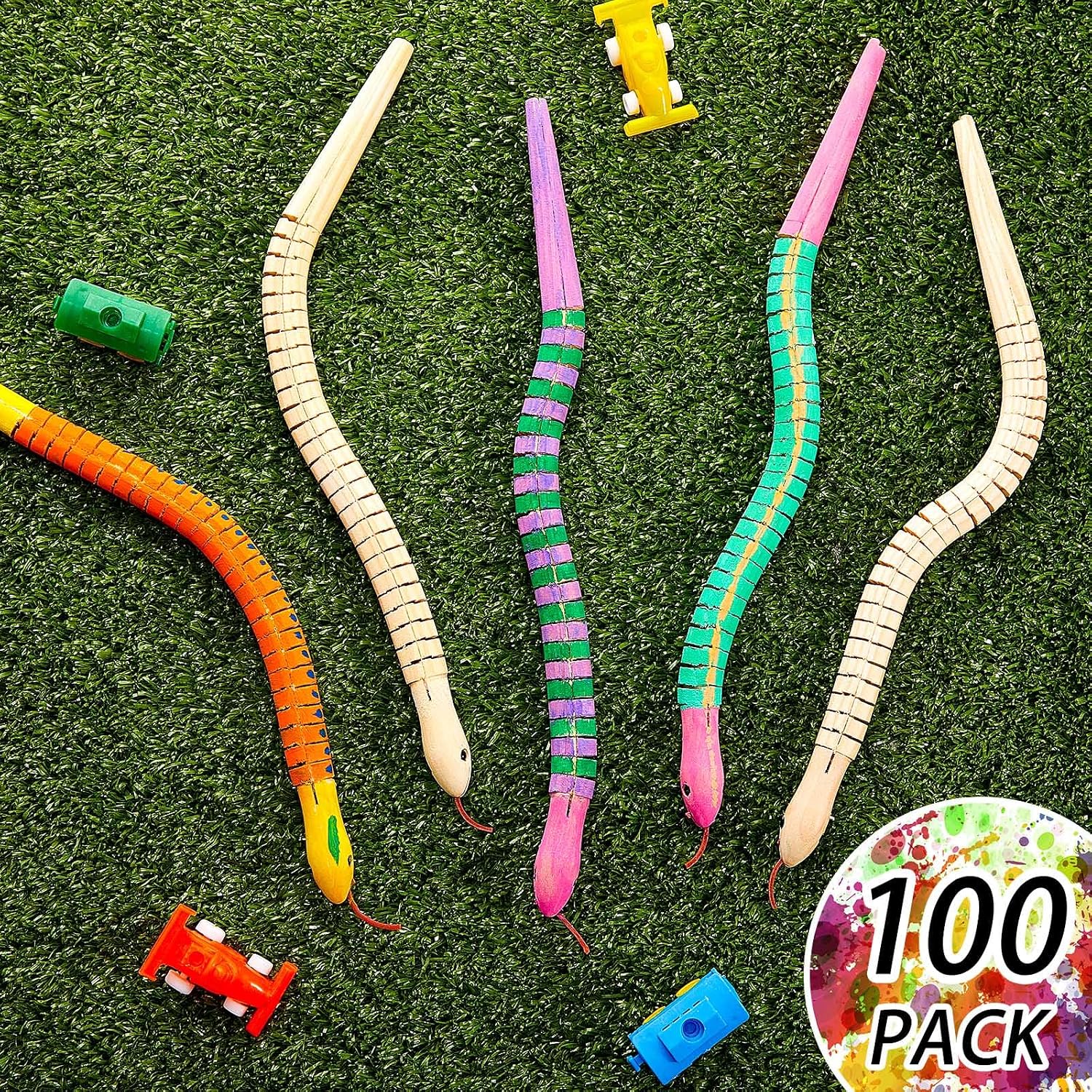 BBTO 100 Pieces Wooden Snake Bulk Jointed Flexible Unfinished Wooden Wiggly Snake with 12 Colors Acrylic Craft Paint and Paint Brush for Arts and Crafts Reptile Party Decoration