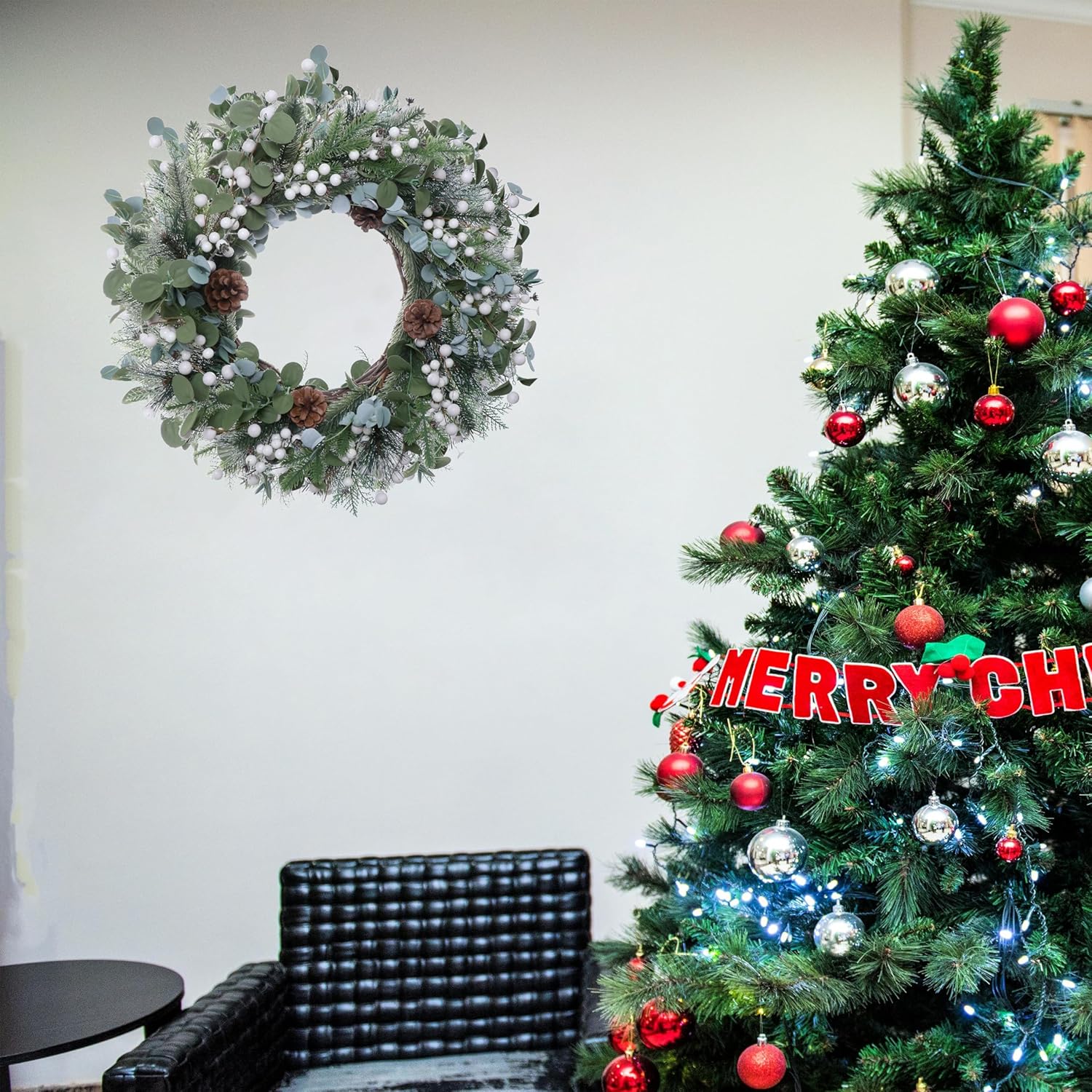 20 Inches Christmas Wreaths for Front Door Holiday Christmas Door Wreath Winter Wreaths with White Berries Pine Needles Pine Cones for Farmhouse Indoor Outdoor Window Porch Decoration