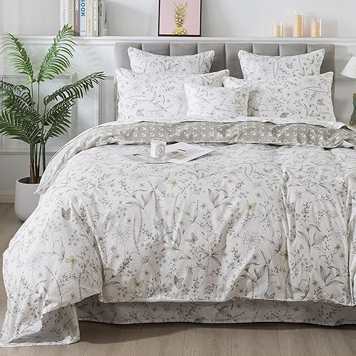 Miniatura 18 de FADFAY Juego de funda de edredón, ropa de cama floral elegante, beige desgastado con pájaros y flores, juego de funda de edredón vintage de granja