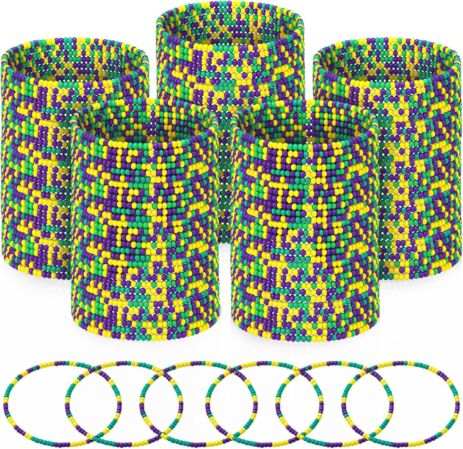 Mardi Gras Throws Beaded Bracelets Bulk Carnival Party Metallic Bead Bracelets Accessories Women Men Bead Armlets Set for Mardi Gras Masquerade Carnival Cosplay Holiday