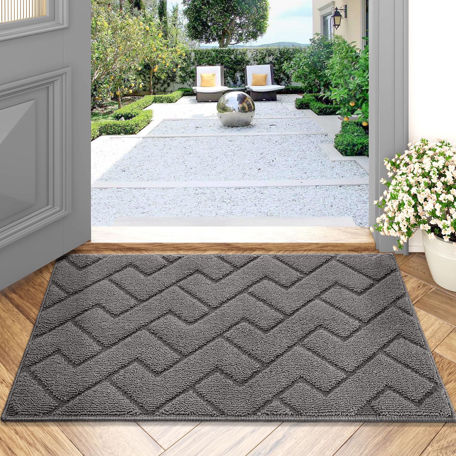 hicorfe Dirt Trapper Indoor Doormat,20"x31.5" Welcome Door mat,Non Slip Backing Washable Door Mats,Absorbent and Resistant Low-Profile Entrance Inside Floor Mat for Front Back Door and Entryway (Grey)OEKO-TEX STANDARD 100