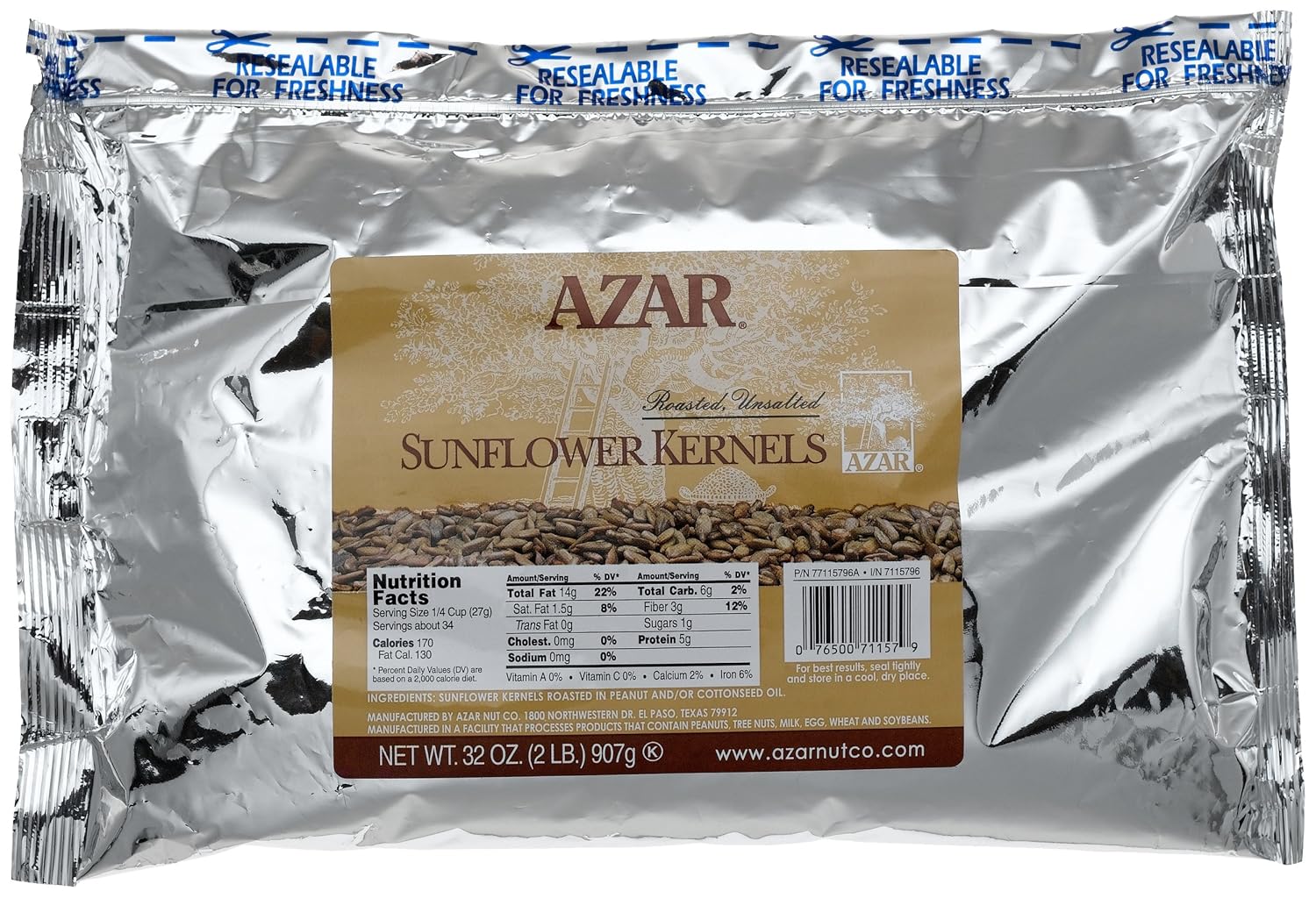 Azar Nut Company Sunflower Kernals, Oil Roasted, 32-Ounce Resealable Bags (Pack of 3)