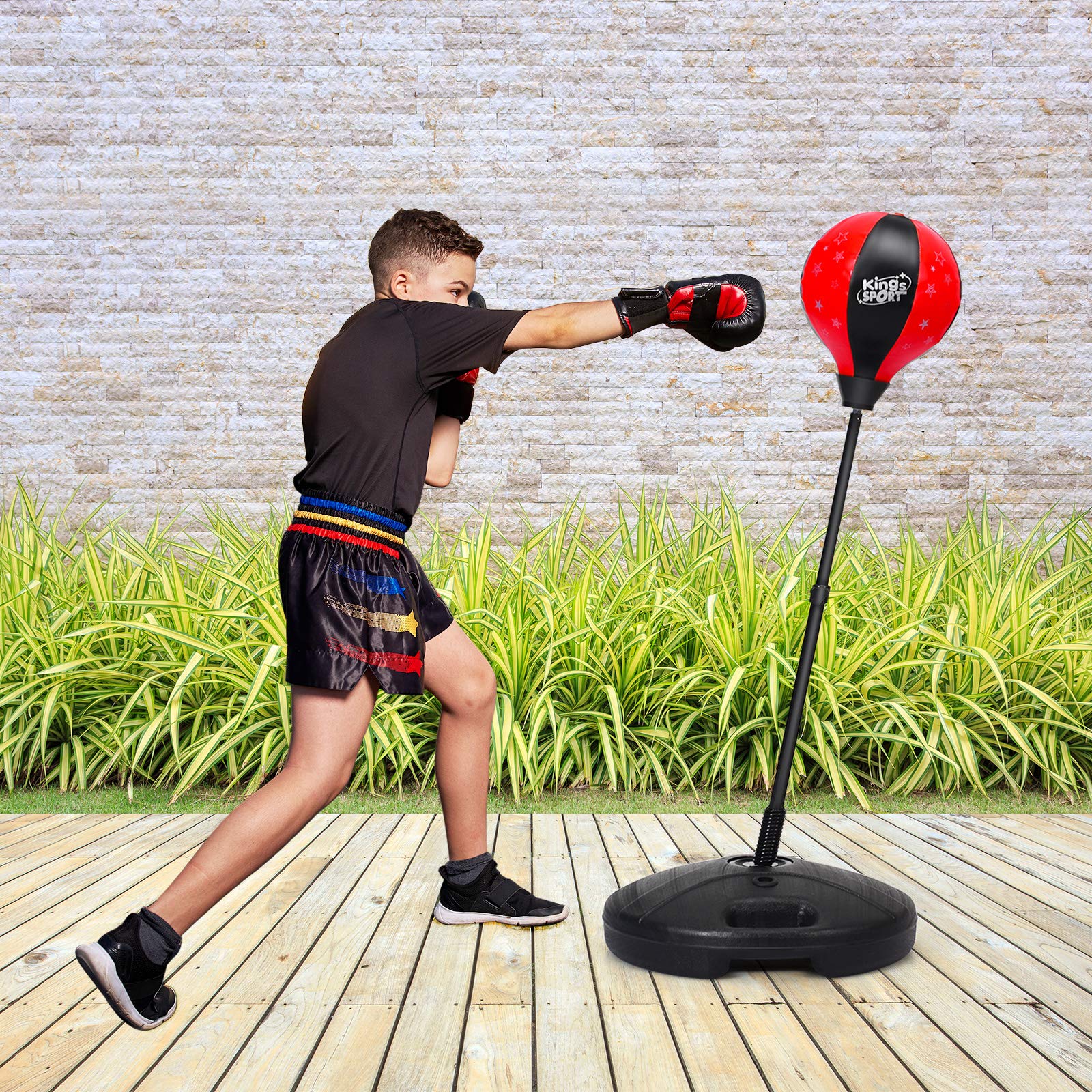 GYMAX Punching Ball Enfants Réglable en Hauteur 81-123 CM, Sac de Frappe sur Pied pour Enfant Plus 3 Ans, Kits de Boxe avec Gants de Boxe et Pompe à Air