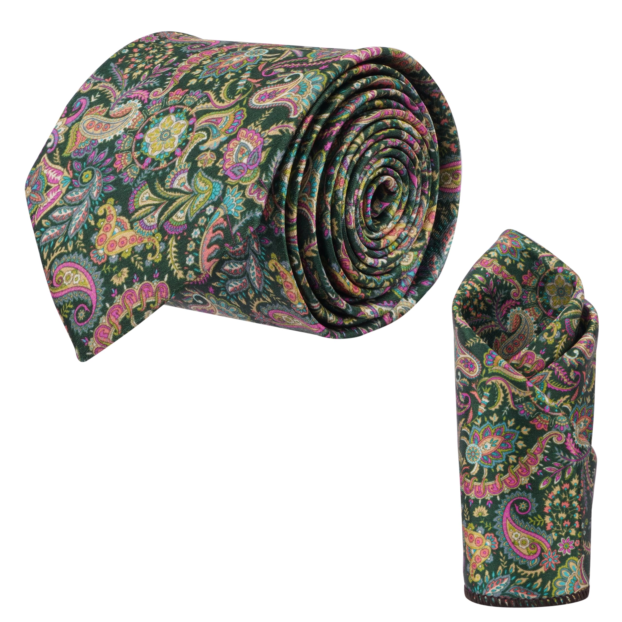 Men’s Green Paisley Tie and Pocket Square Set – Multicolor Floral Pattern – Elegant Microfiber Neckwear for Weddings, Events, and Formal Wear
