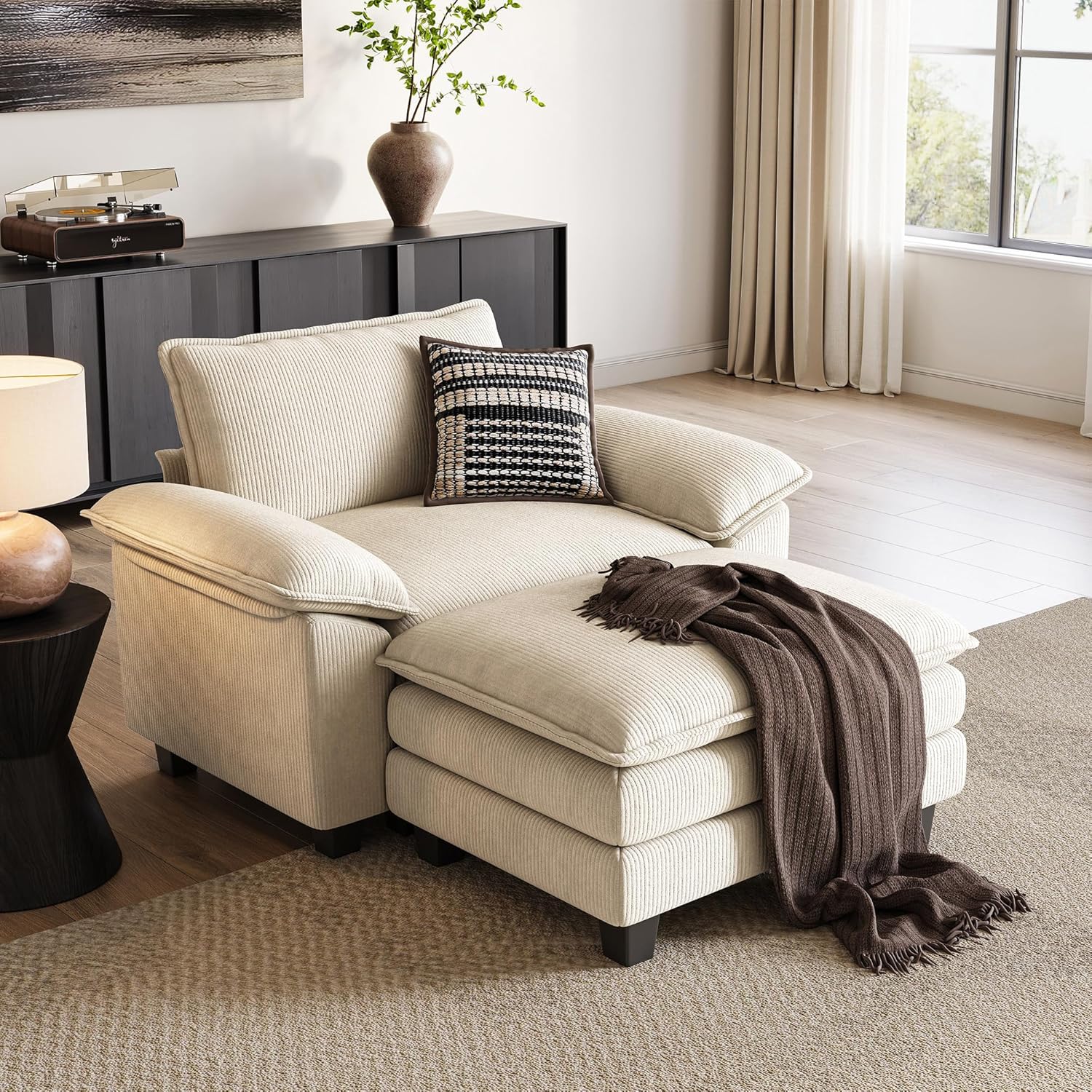 LINSY HOME Cloud Sofa Accent Chair with Ottoman - Plush Corduroy Lounge for Living Room, Bedroom, Office - Beige Modular Couch