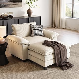 LINSY HOME Cloud Sofa Accent Chair with Ottoman - Plush Corduroy Lounge for Living Room, Bedroom, Office - Beige Modular Couch