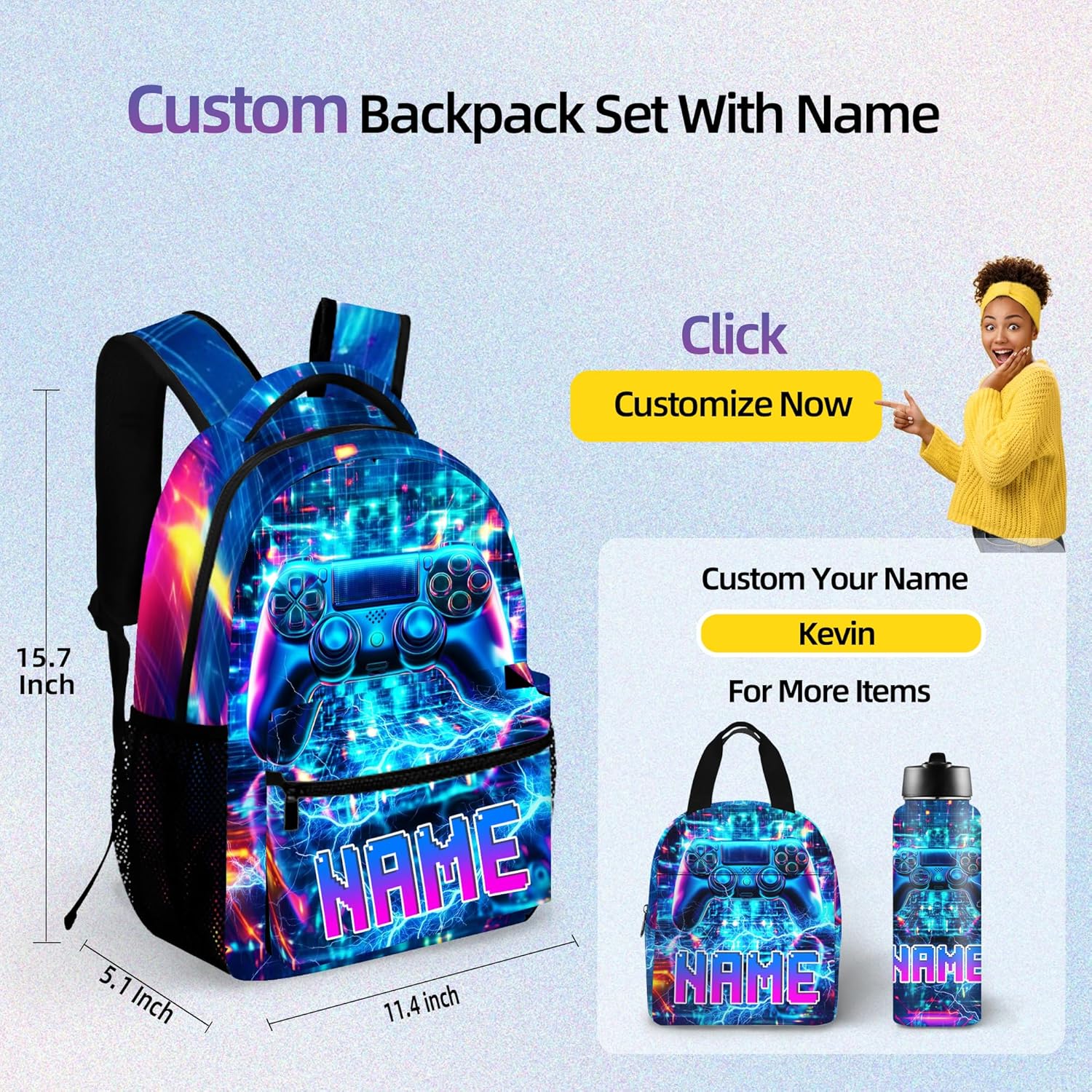 Gamer Backpack with Name for Boys, Custom 16" Backpack Sets for Primary or Middle School, Gaming School Bag with Leak-proof Lunch Bag, 18 oz Insulated Water Bottle with Straw for Hiking, Travel